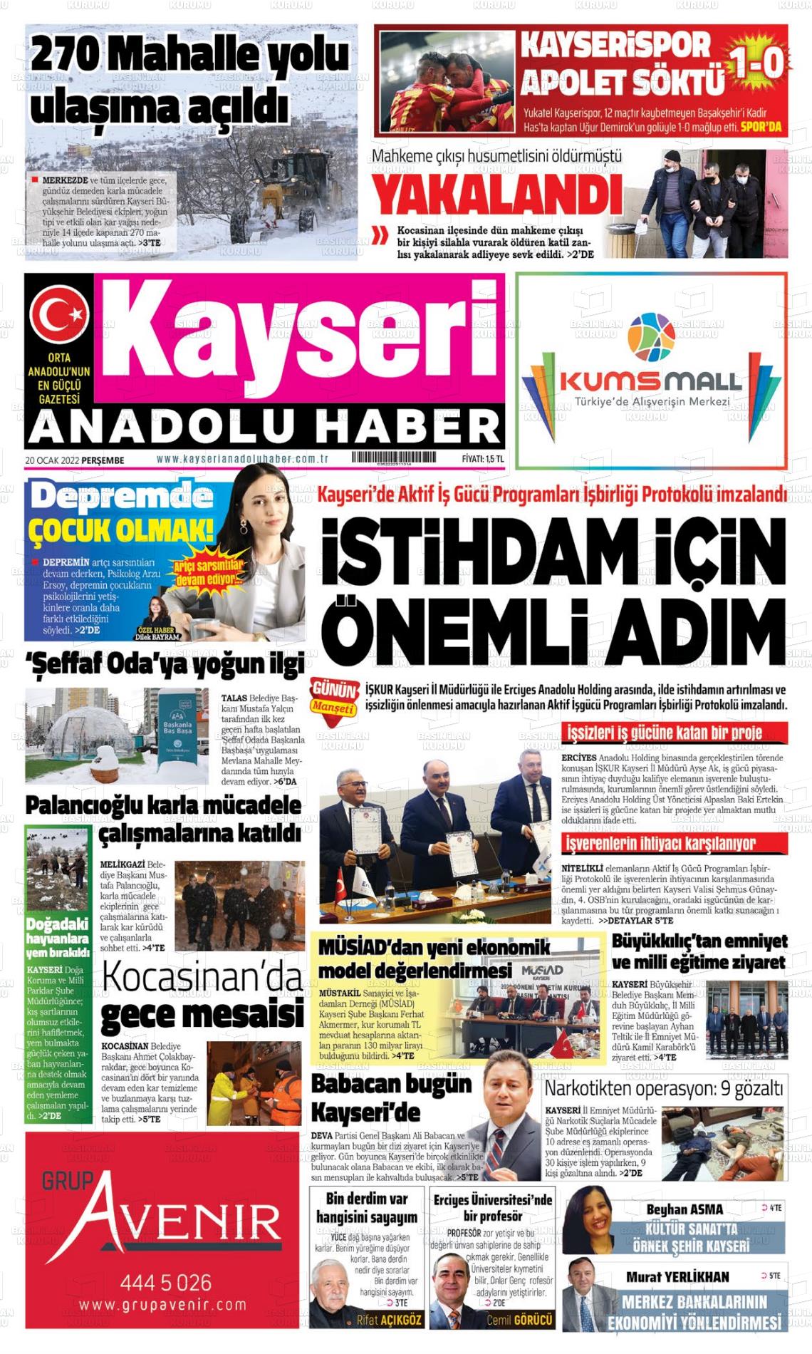 20 Ocak 2022 Kayseri Anadolu Haber Gazete Manşeti