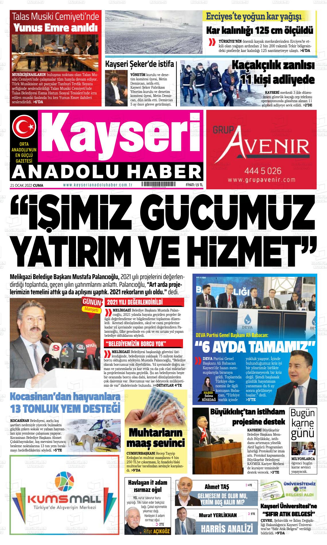 21 Ocak 2022 Kayseri Anadolu Haber Gazete Manşeti