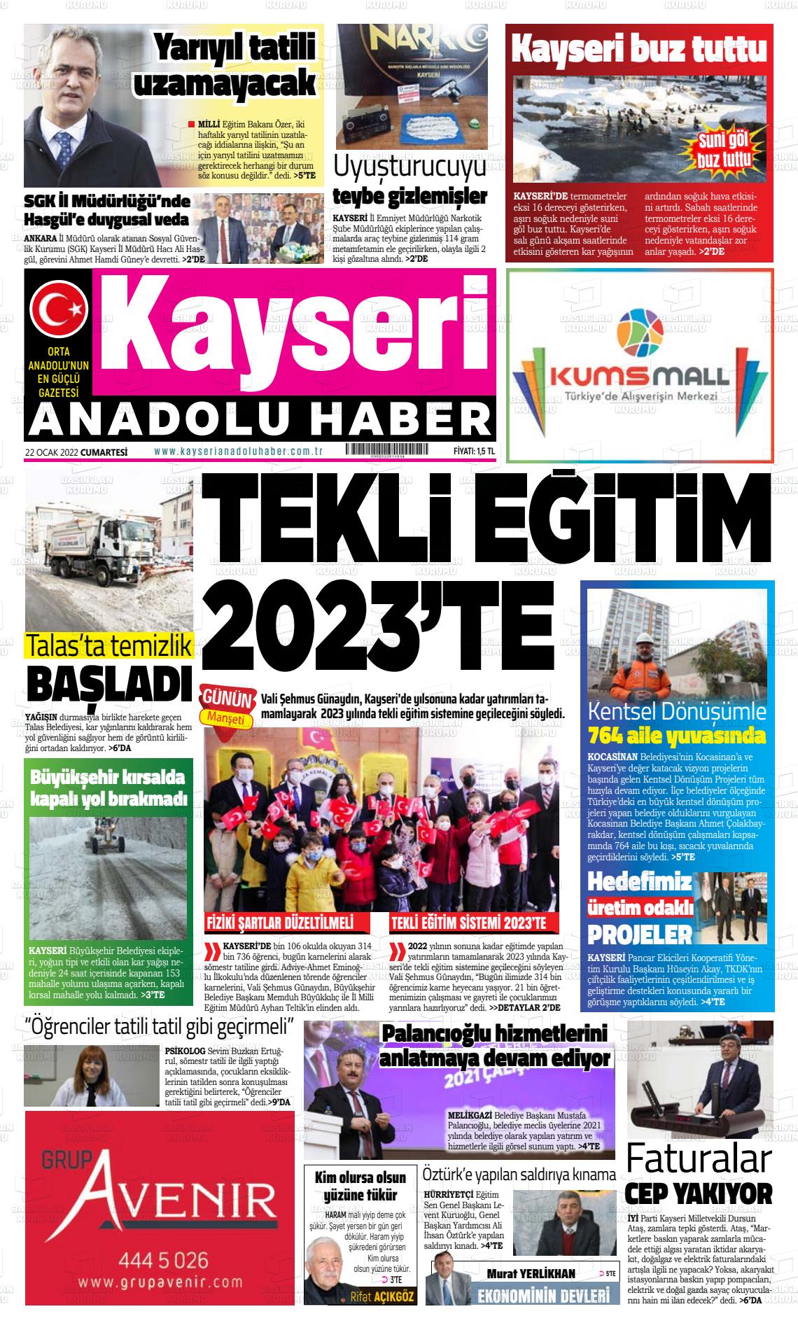 22 Ocak 2022 Kayseri Anadolu Haber Gazete Manşeti
