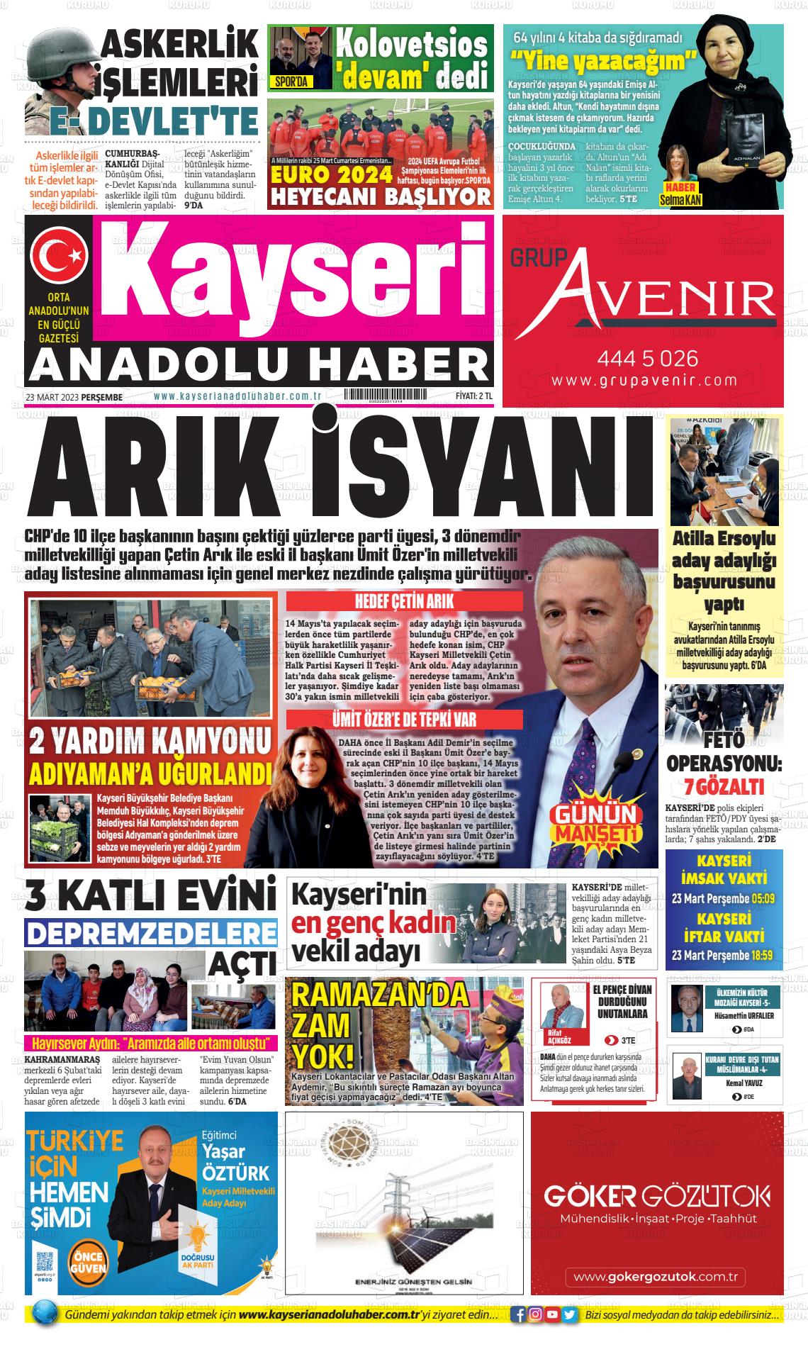 23 Mart 2023 Kayseri Anadolu Haber Gazete Manşeti