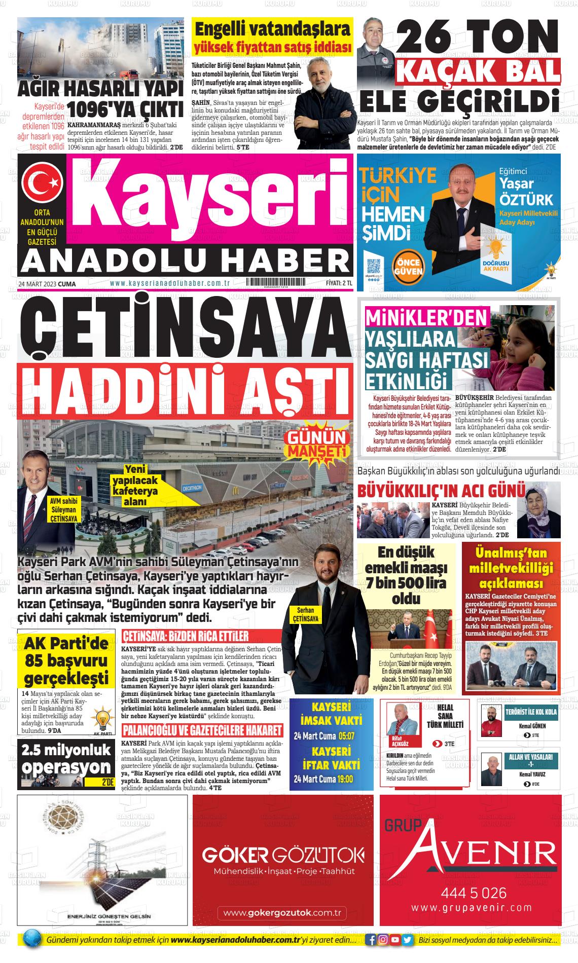 24 Mart 2023 Kayseri Anadolu Haber Gazete Manşeti
