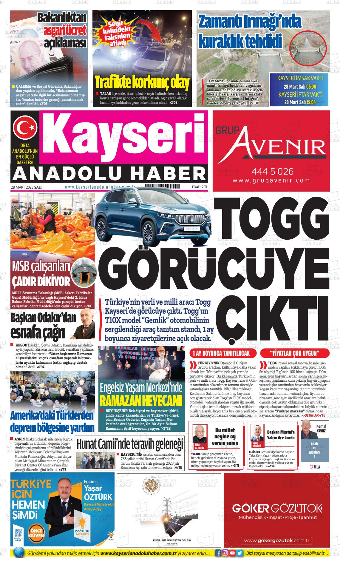 28 Mart 2023 Kayseri Anadolu Haber Gazete Manşeti