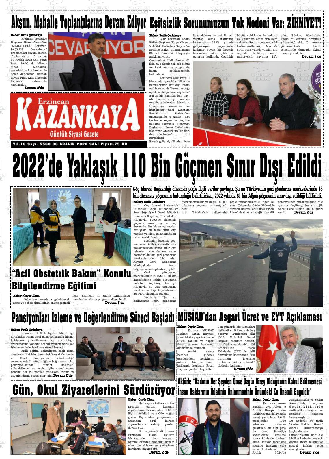 06 Aralık 2022 Kazankaya Gazete Manşeti