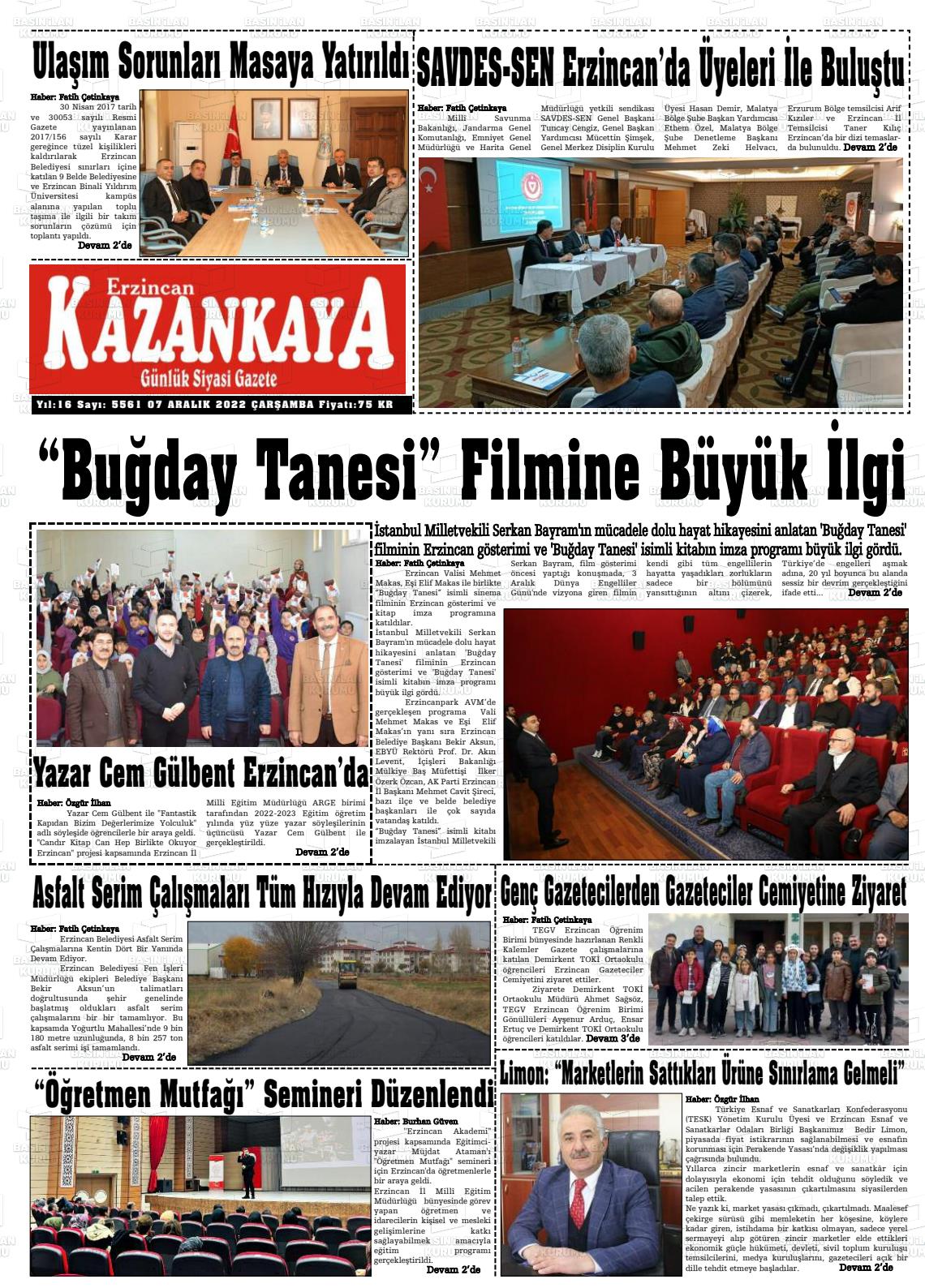 07 Aralık 2022 Kazankaya Gazete Manşeti