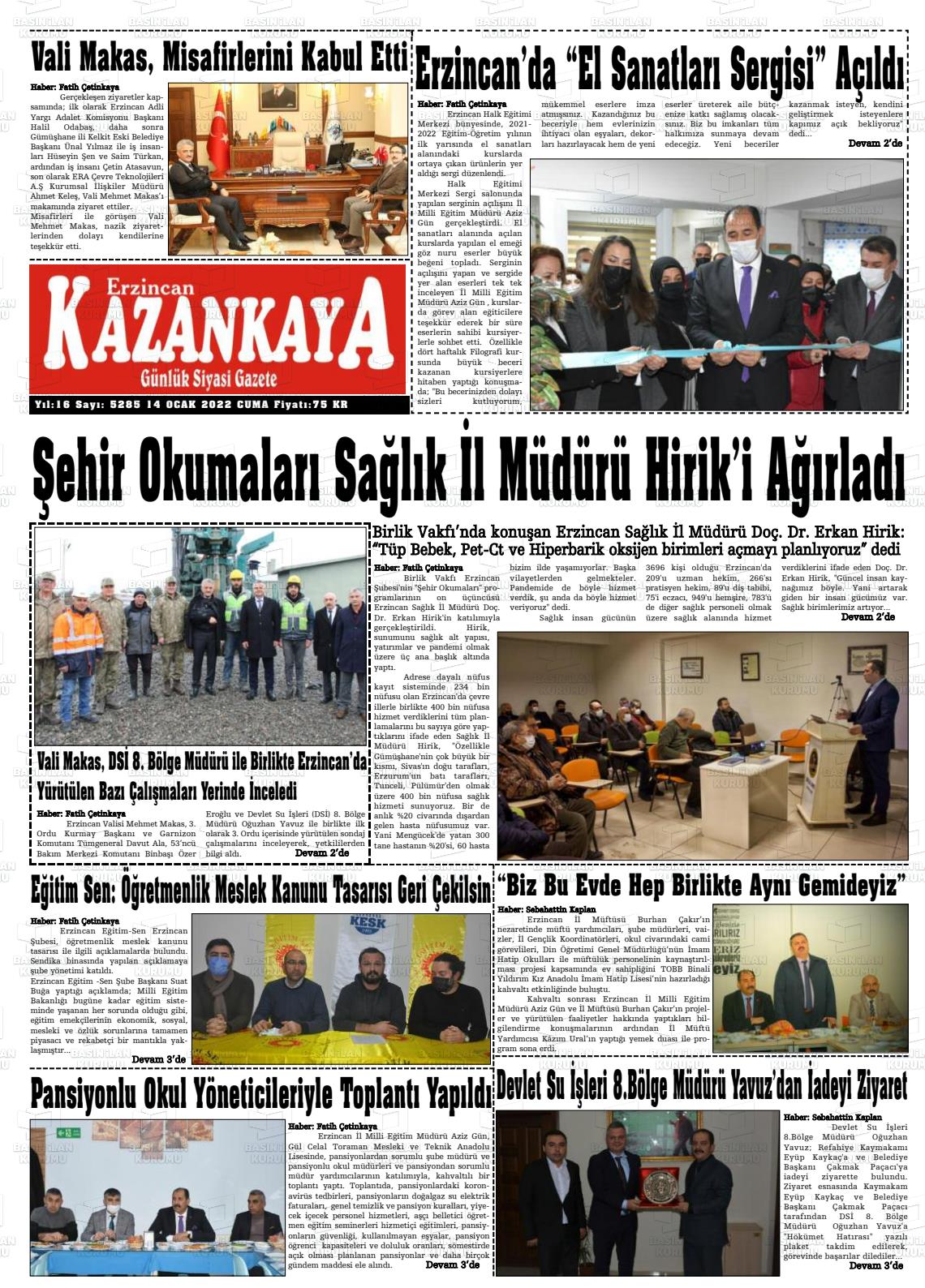 14 Ocak 2022 Kazankaya Gazete Manşeti