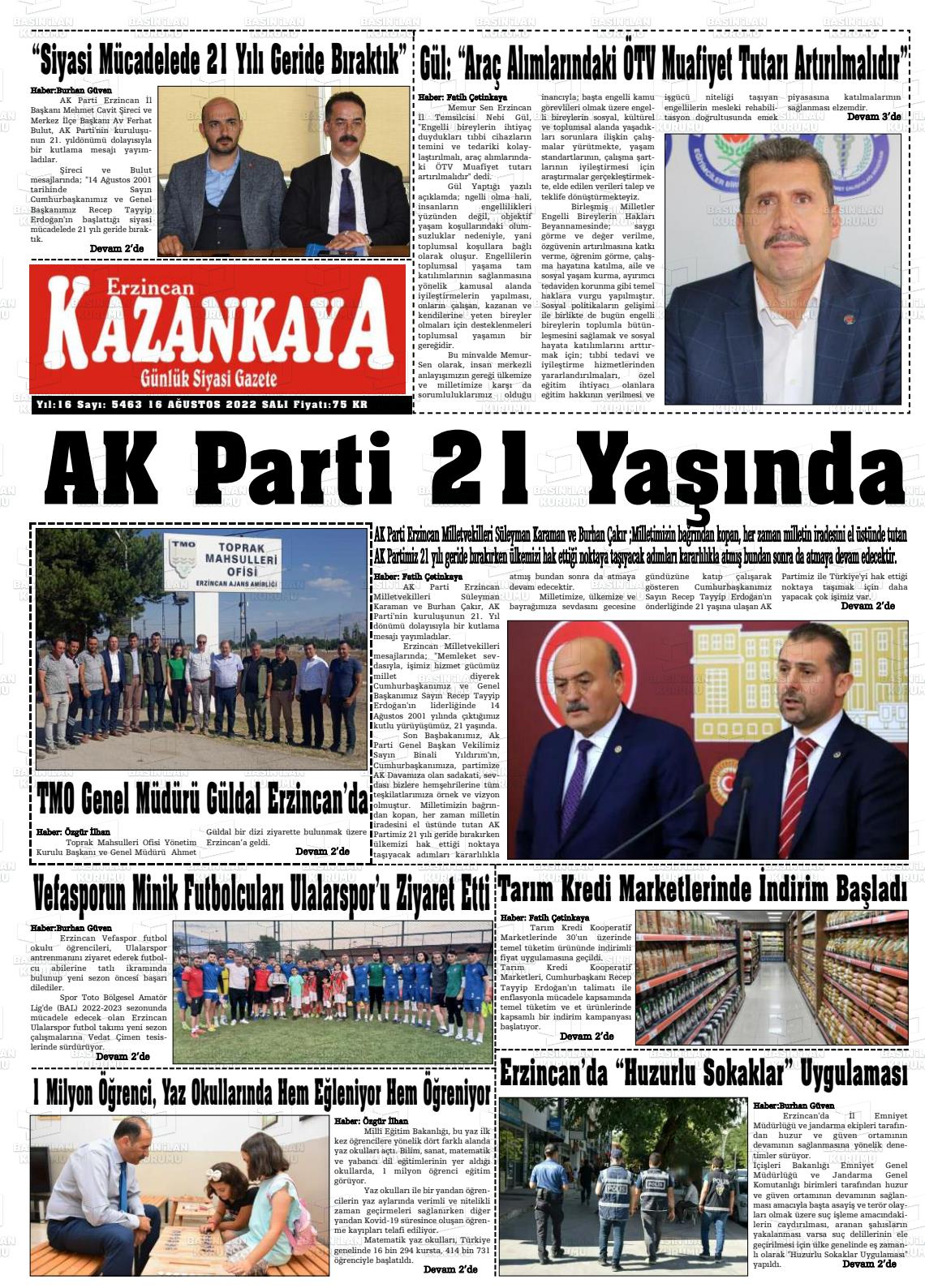 16 Ağustos 2022 Kazankaya Gazete Manşeti