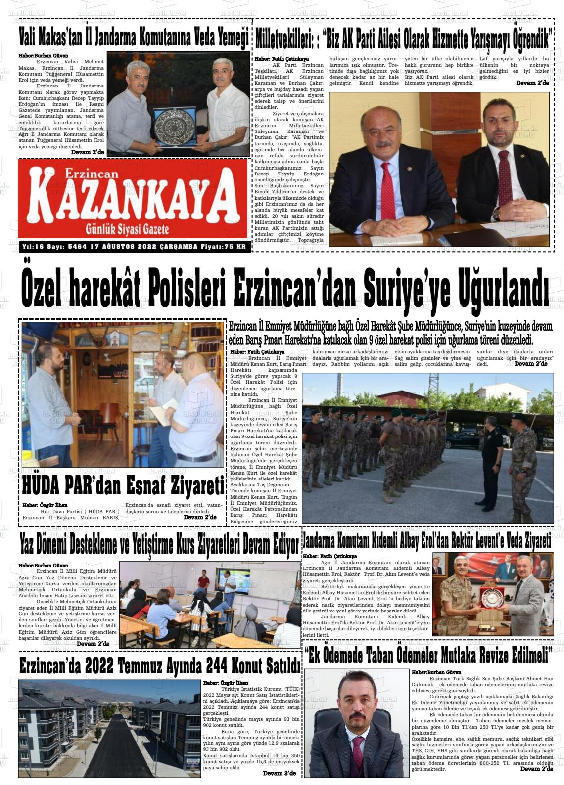 17 Ağustos 2022 Kazankaya Gazete Manşeti