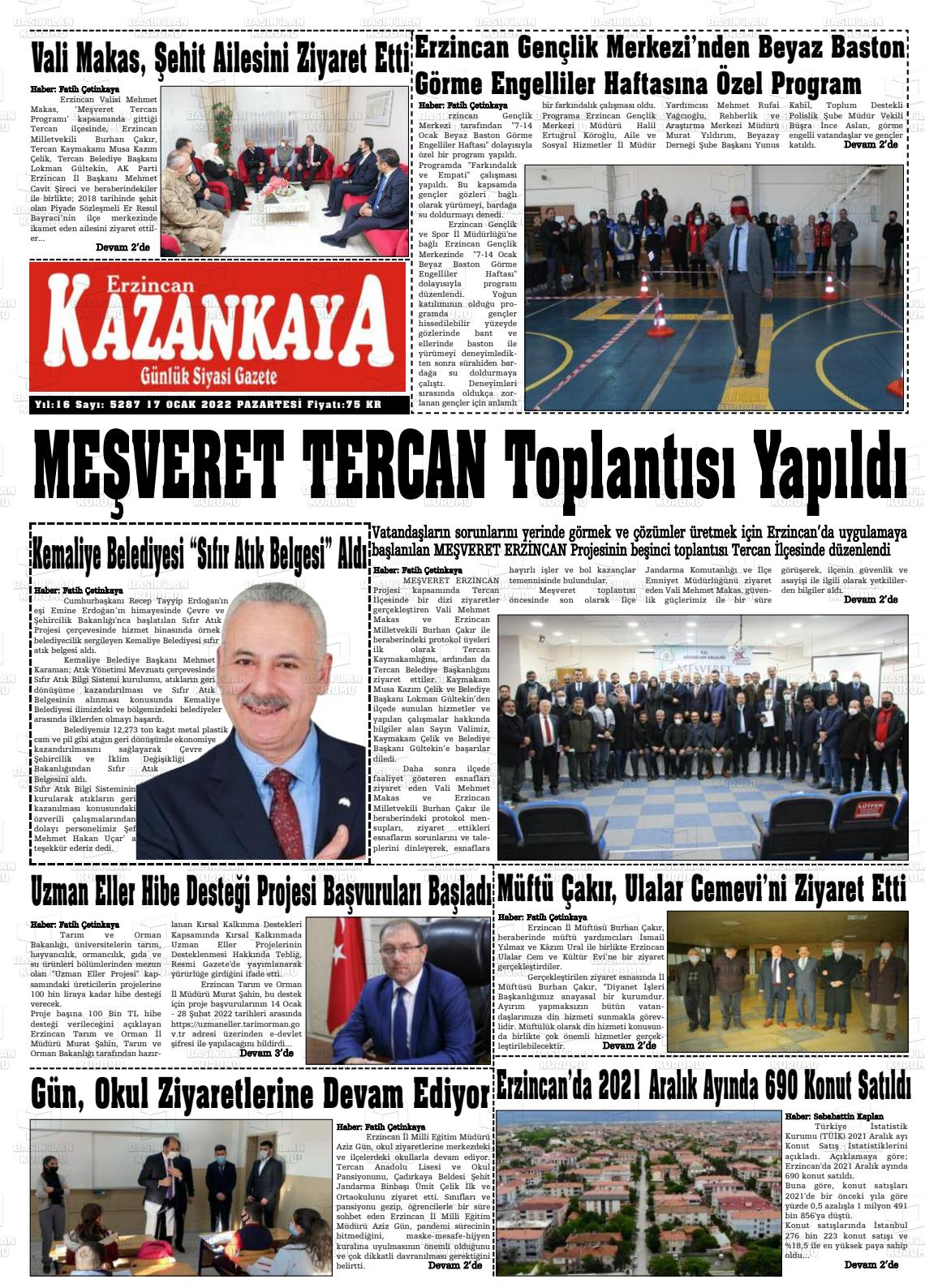17 Ocak 2022 Kazankaya Gazete Manşeti
