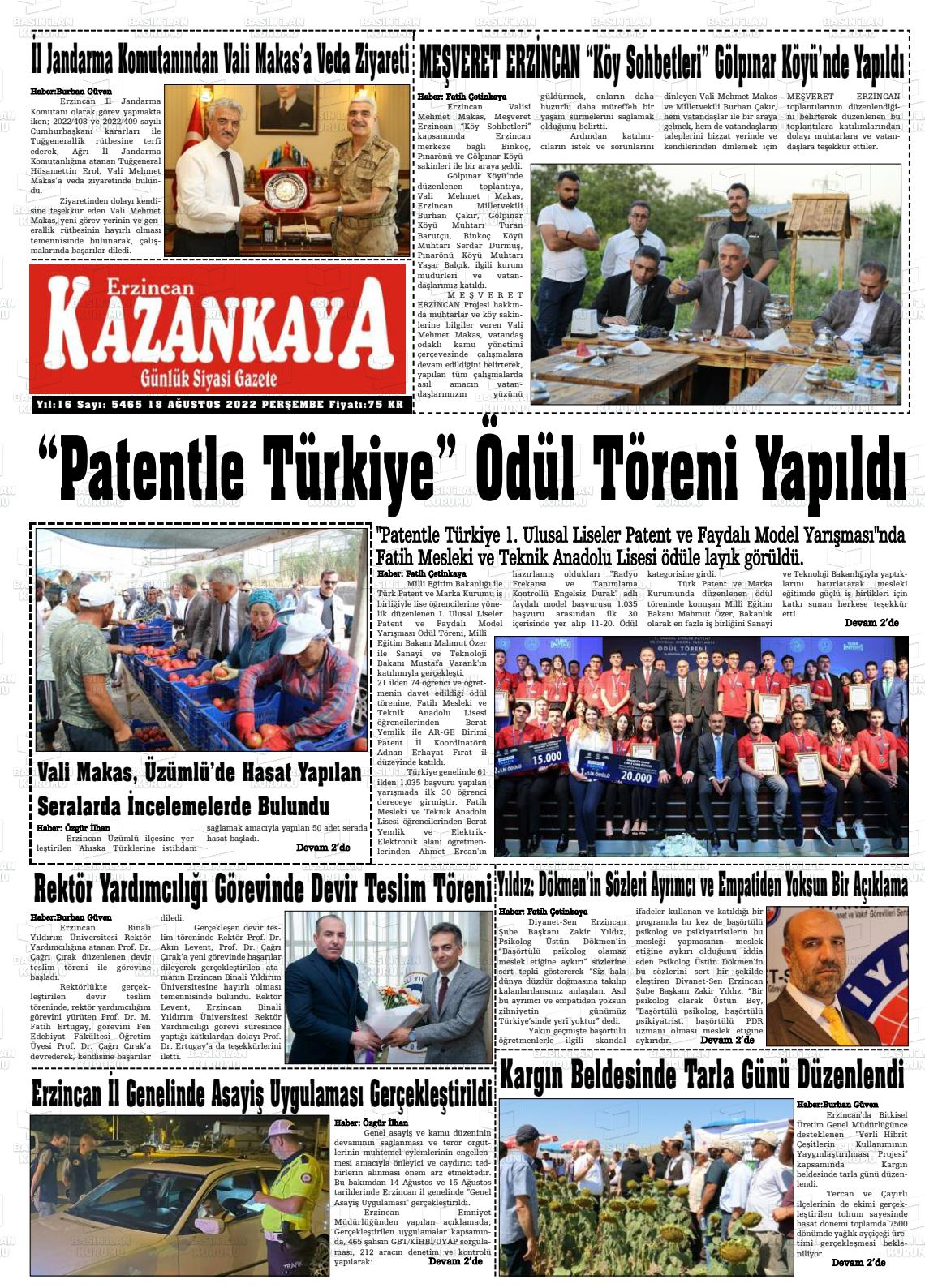 18 Ağustos 2022 Kazankaya Gazete Manşeti