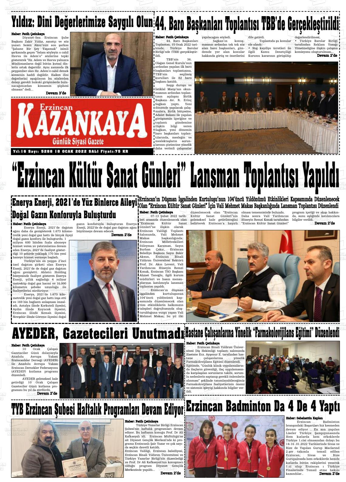 18 Ocak 2022 Kazankaya Gazete Manşeti