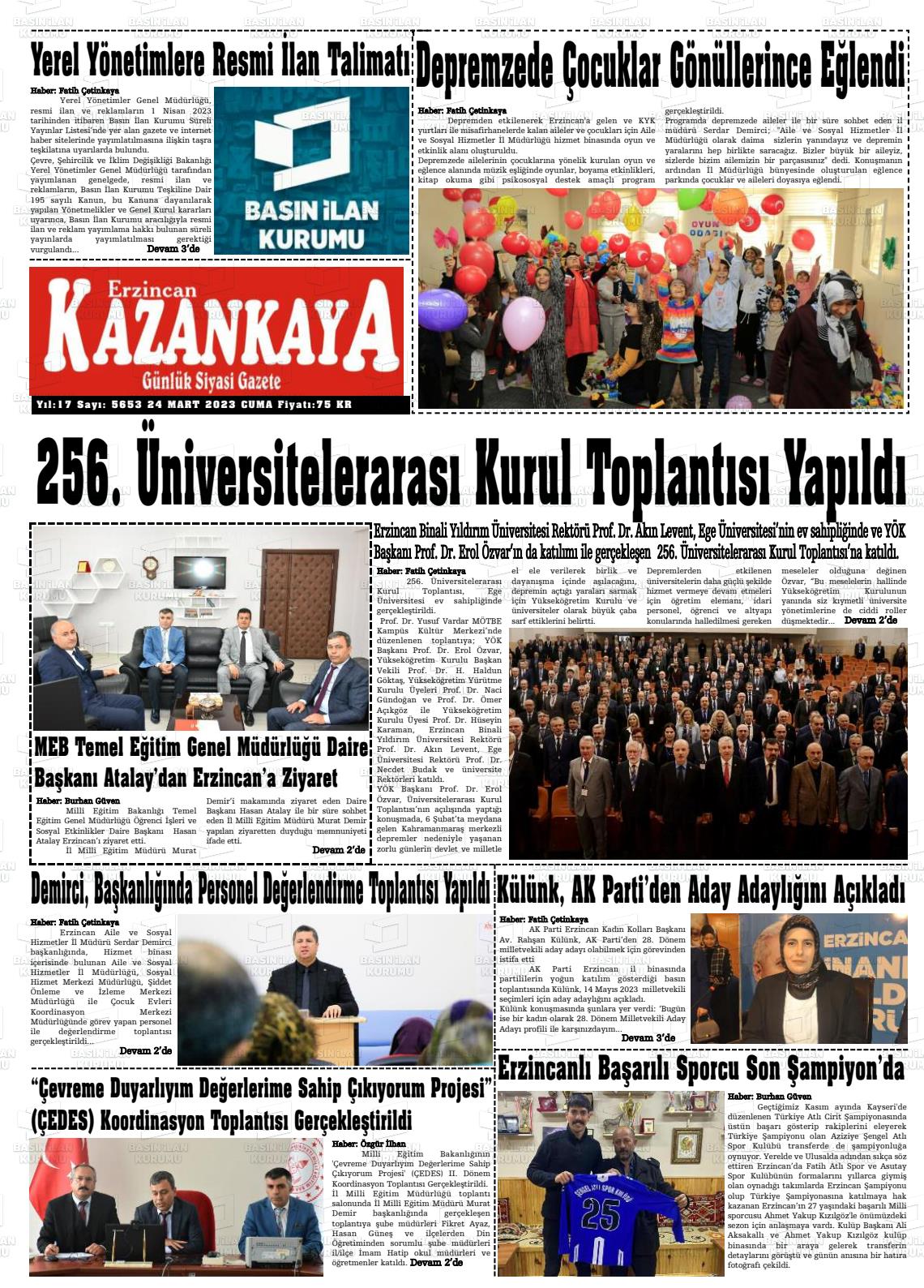 24 Mart 2023 Kazankaya Gazete Manşeti