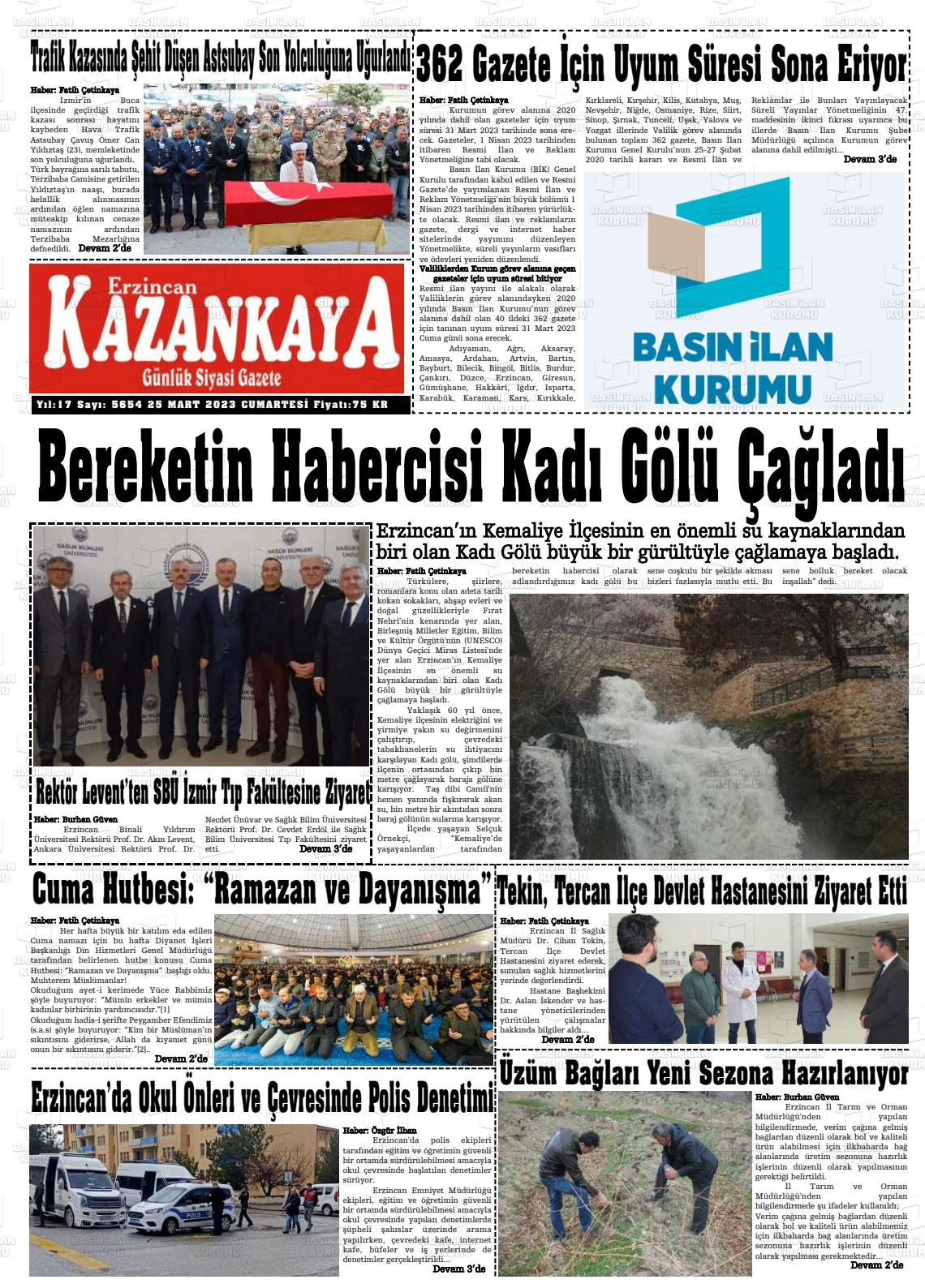 25 Mart 2023 Kazankaya Gazete Manşeti