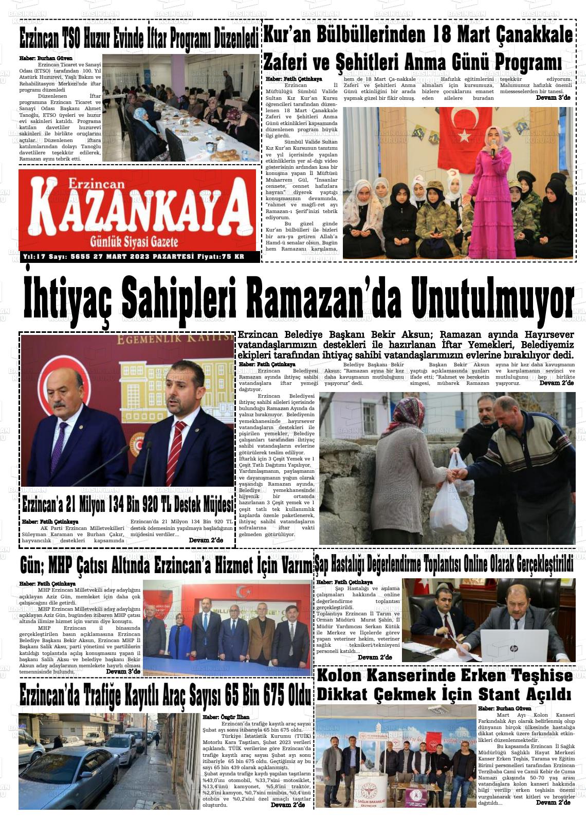 27 Mart 2023 Kazankaya Gazete Manşeti