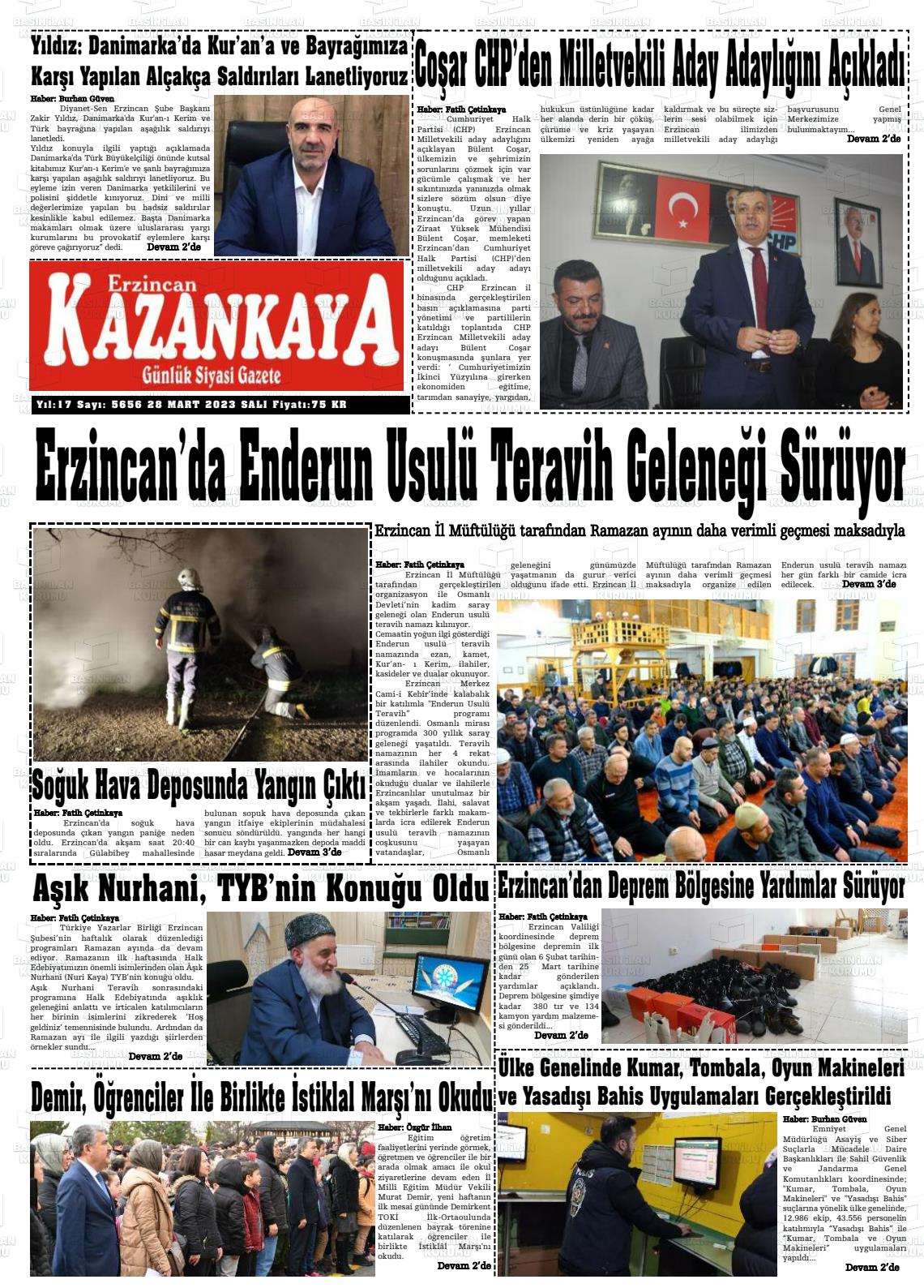 28 Mart 2023 Kazankaya Gazete Manşeti