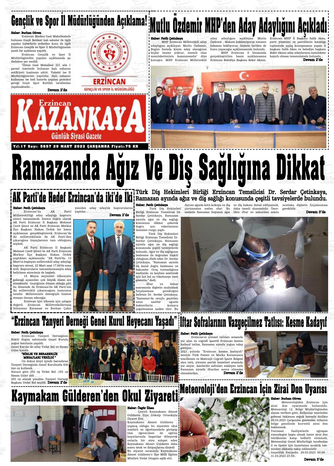 29 Mart 2023 Kazankaya Gazete Manşeti