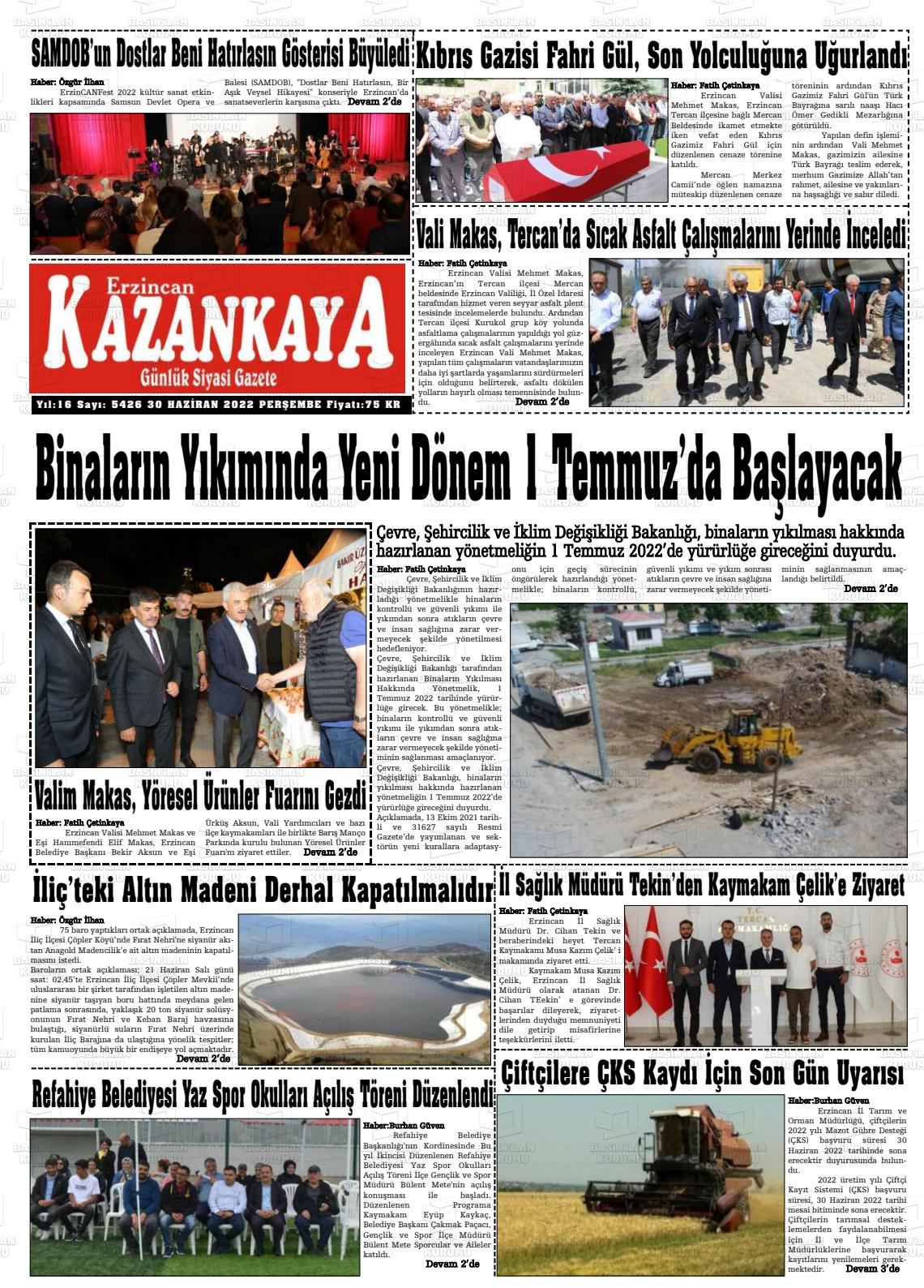 01 Temmuz 2022 Kazankaya Gazete Manşeti