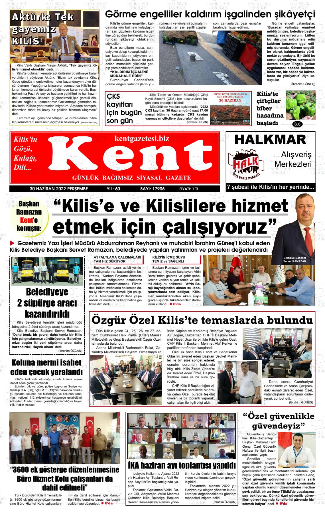 01 Temmuz 2022 Kilis Kent Gazete Manşeti