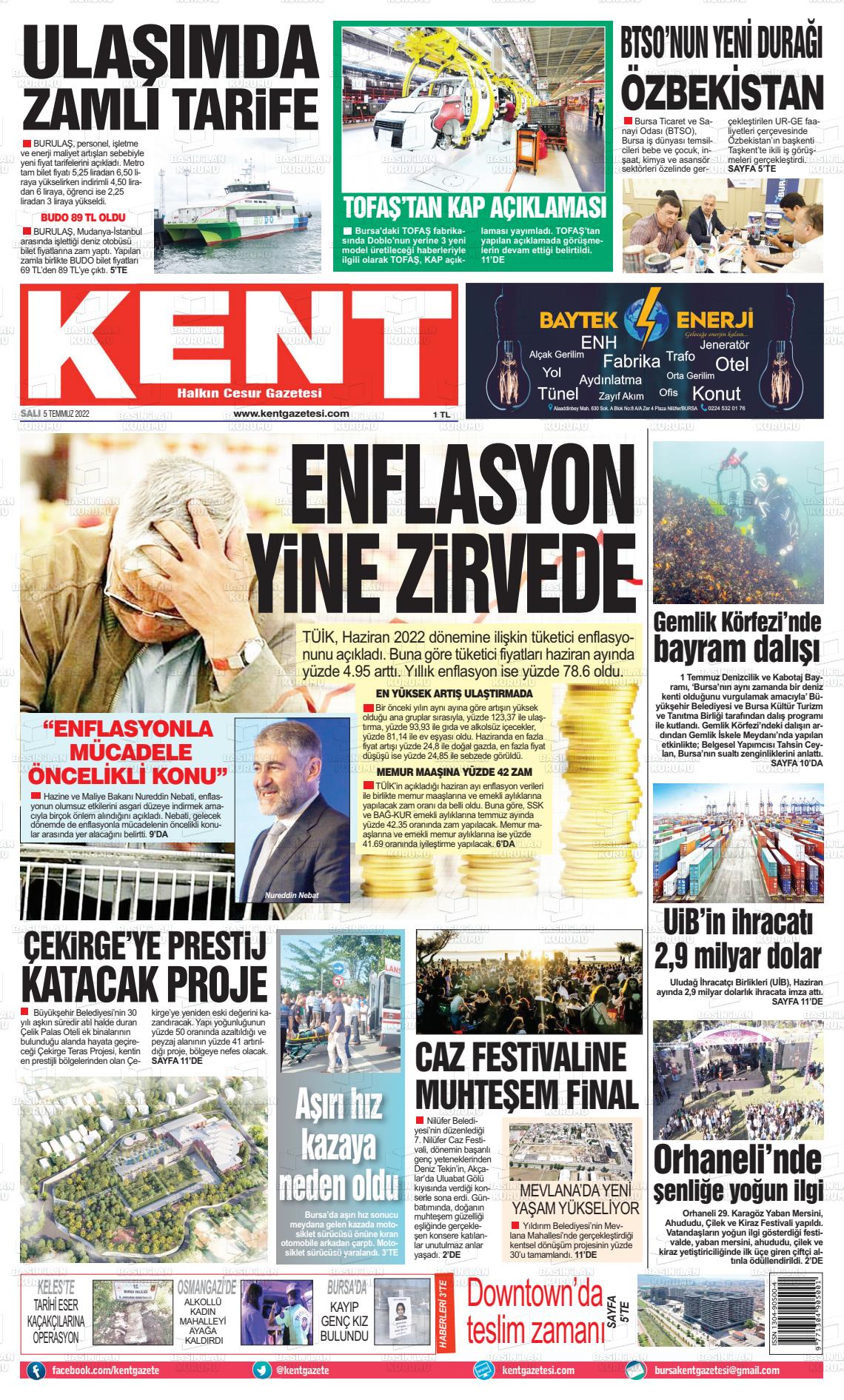 05 Temmuz 2022 Kent Gazete Manşeti