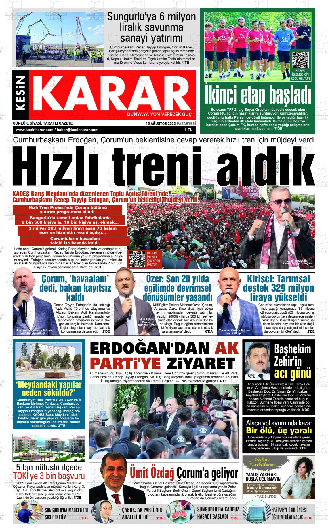 15 Ağustos 2022 Kesin Karar Gazete Manşeti