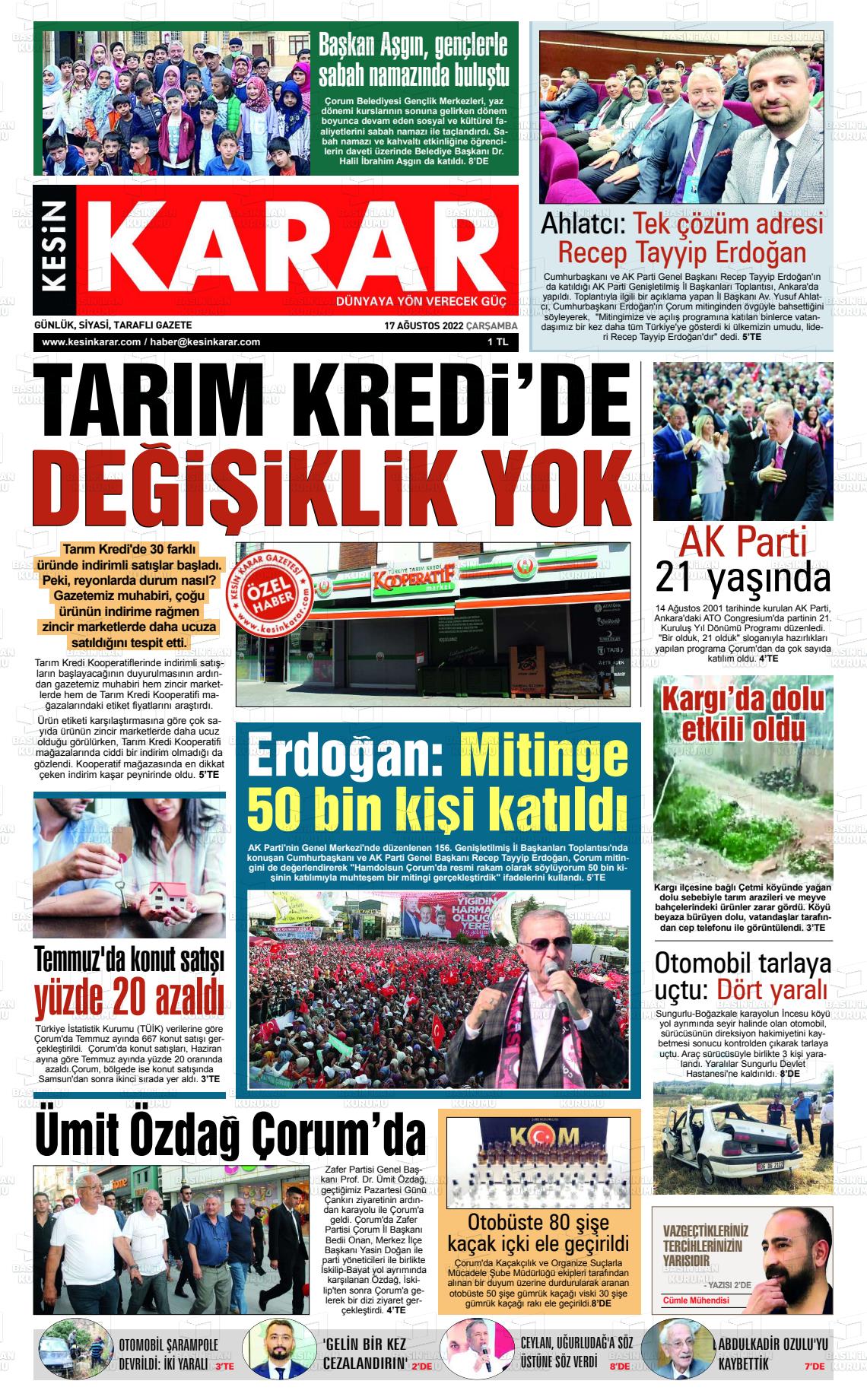 17 Ağustos 2022 Kesin Karar Gazete Manşeti
