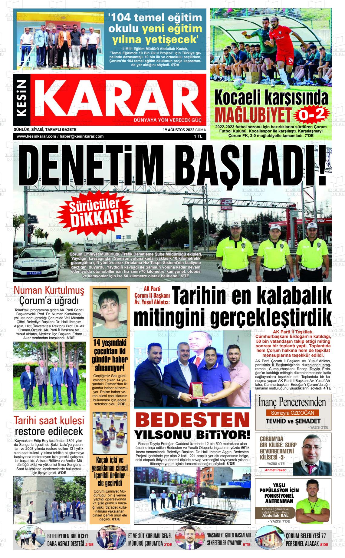 19 Ağustos 2022 Kesin Karar Gazete Manşeti