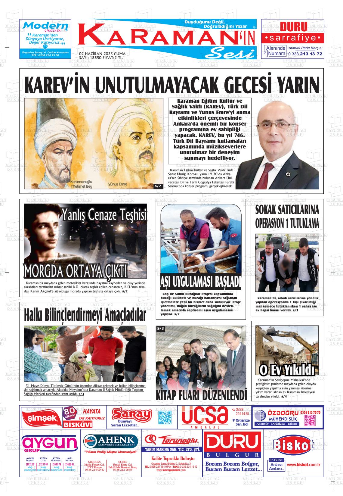 02 Haziran 2023 Karaman'ın Sesi Gazete Manşeti