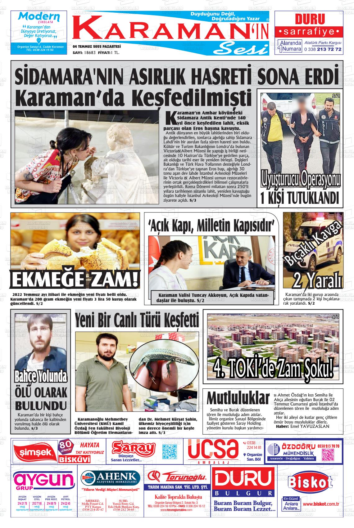 04 Temmuz 2022 Karaman'ın Sesi Gazete Manşeti