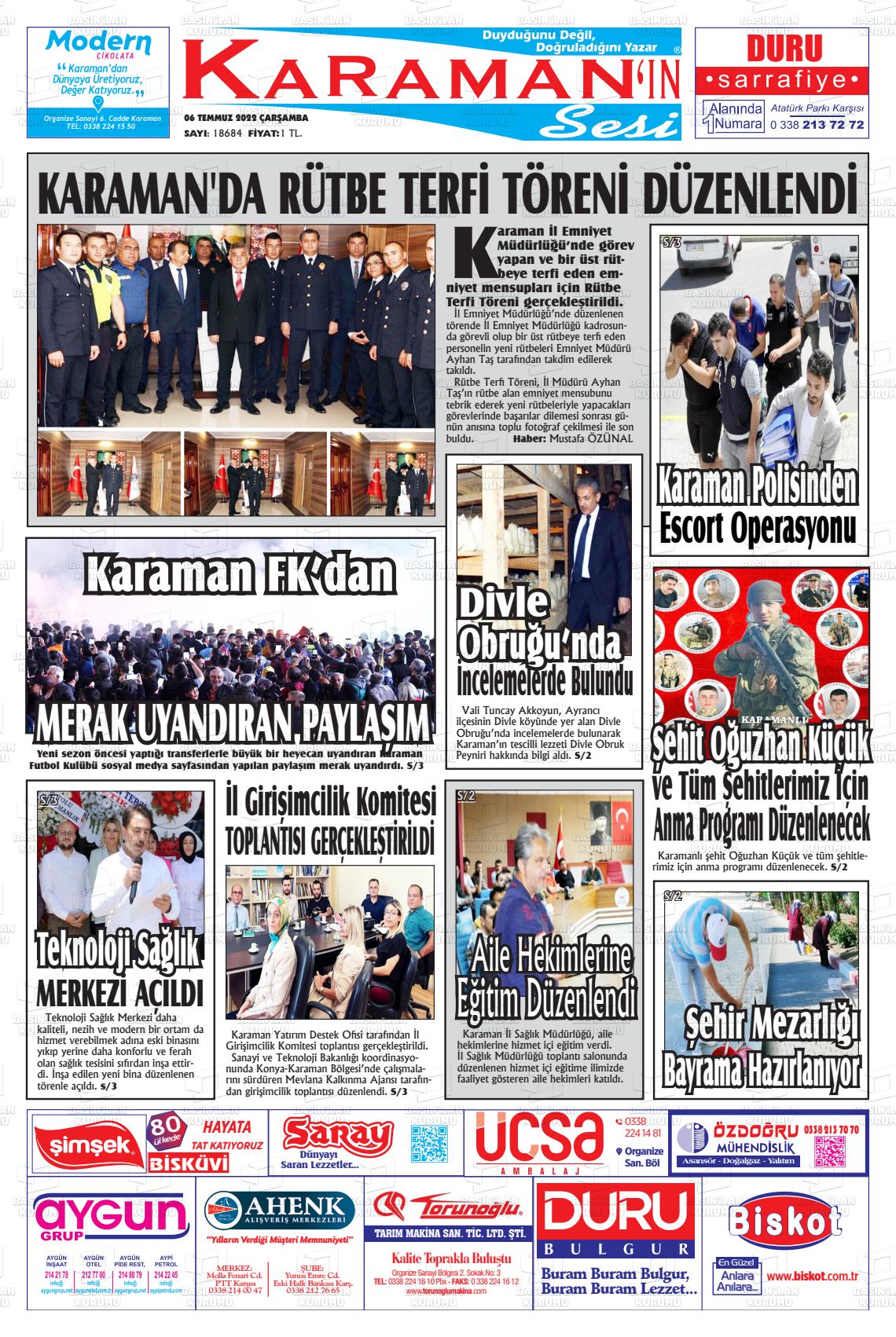 06 Temmuz 2022 Karaman'ın Sesi Gazete Manşeti