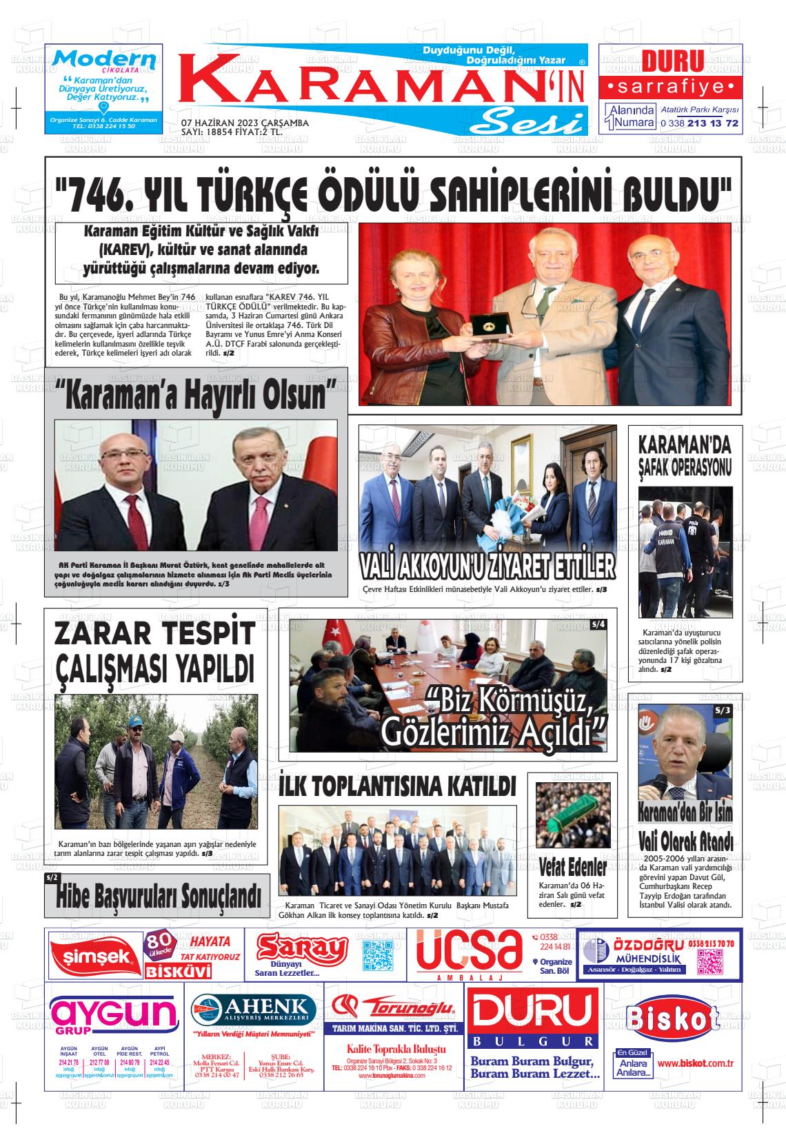 07 Haziran 2023 Karaman'ın Sesi Gazete Manşeti