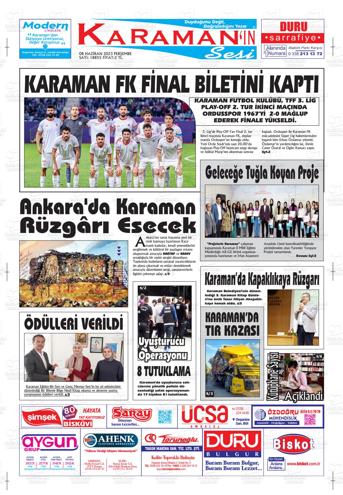 08 Haziran 2023 Karaman'ın Sesi Gazete Manşeti