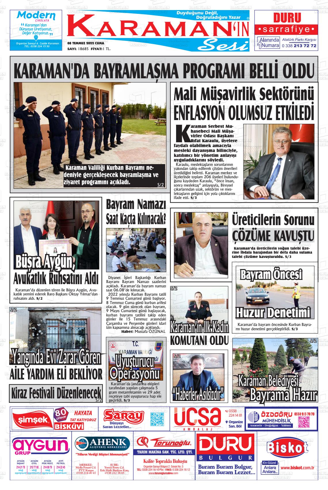 08 Temmuz 2022 Karaman'ın Sesi Gazete Manşeti