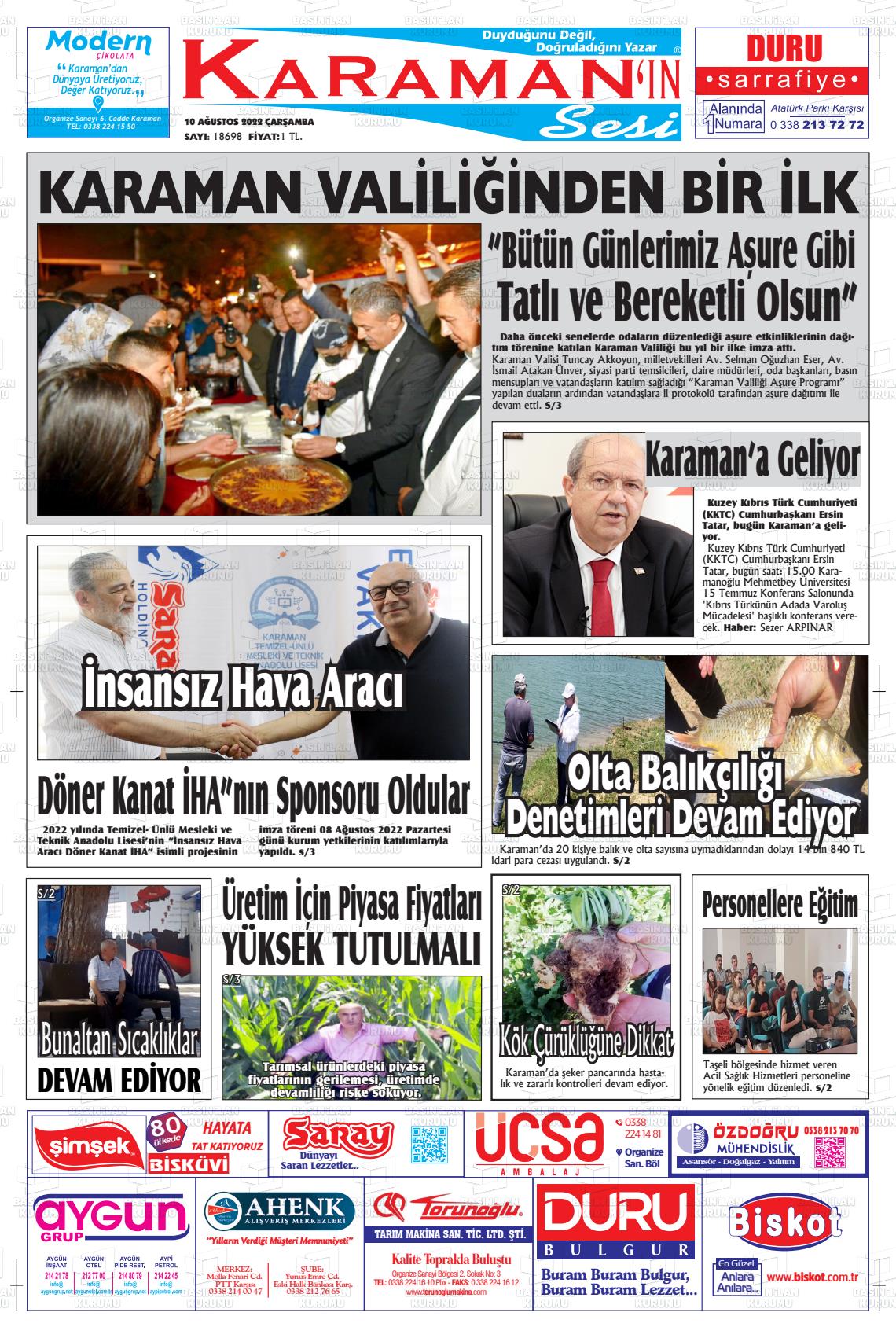 10 Ağustos 2022 Karaman'ın Sesi Gazete Manşeti