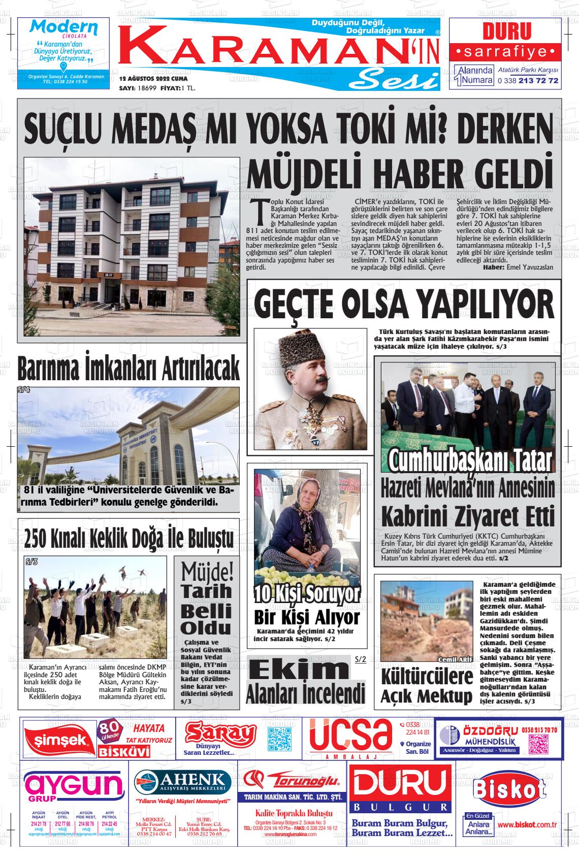 12 Ağustos 2022 Karaman'ın Sesi Gazete Manşeti