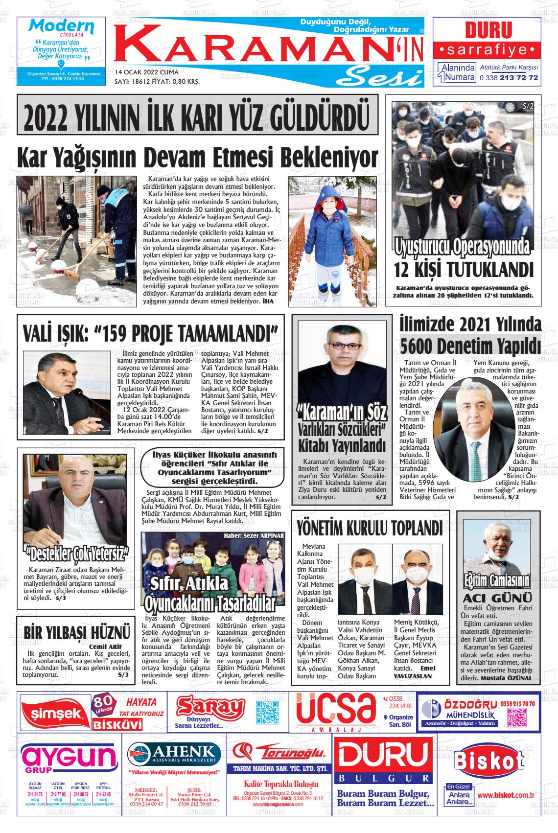 14 Ocak 2022 Karaman'ın Sesi Gazete Manşeti
