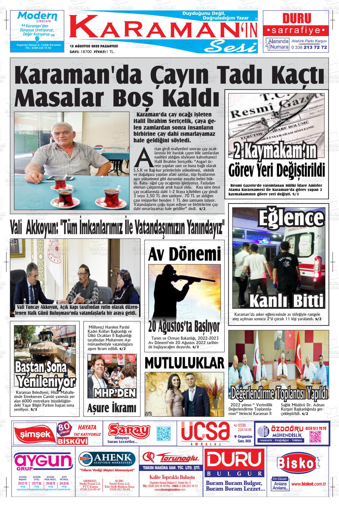 15 Ağustos 2022 Karaman'ın Sesi Gazete Manşeti