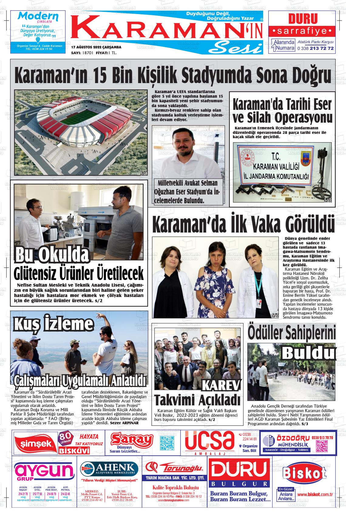 17 Ağustos 2022 Karaman'ın Sesi Gazete Manşeti