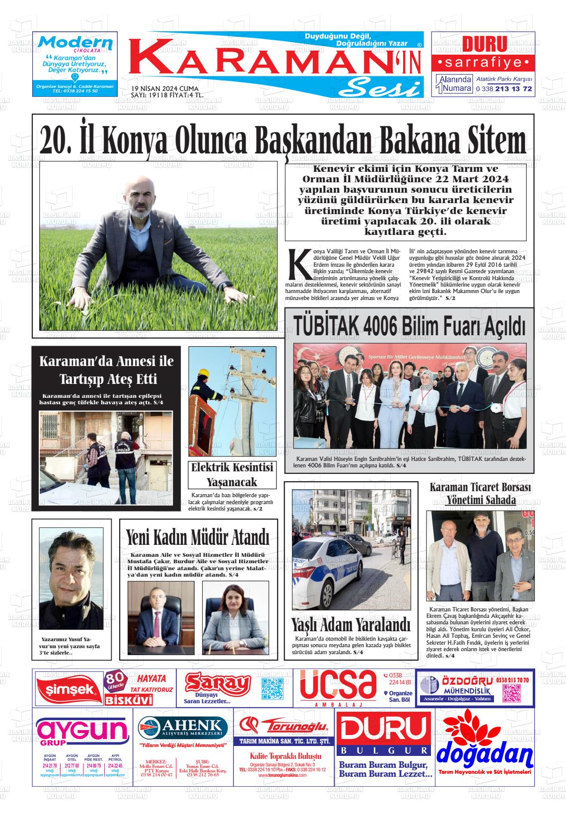 19 Nisan 2024 Karaman'ın Sesi Gazete Manşeti