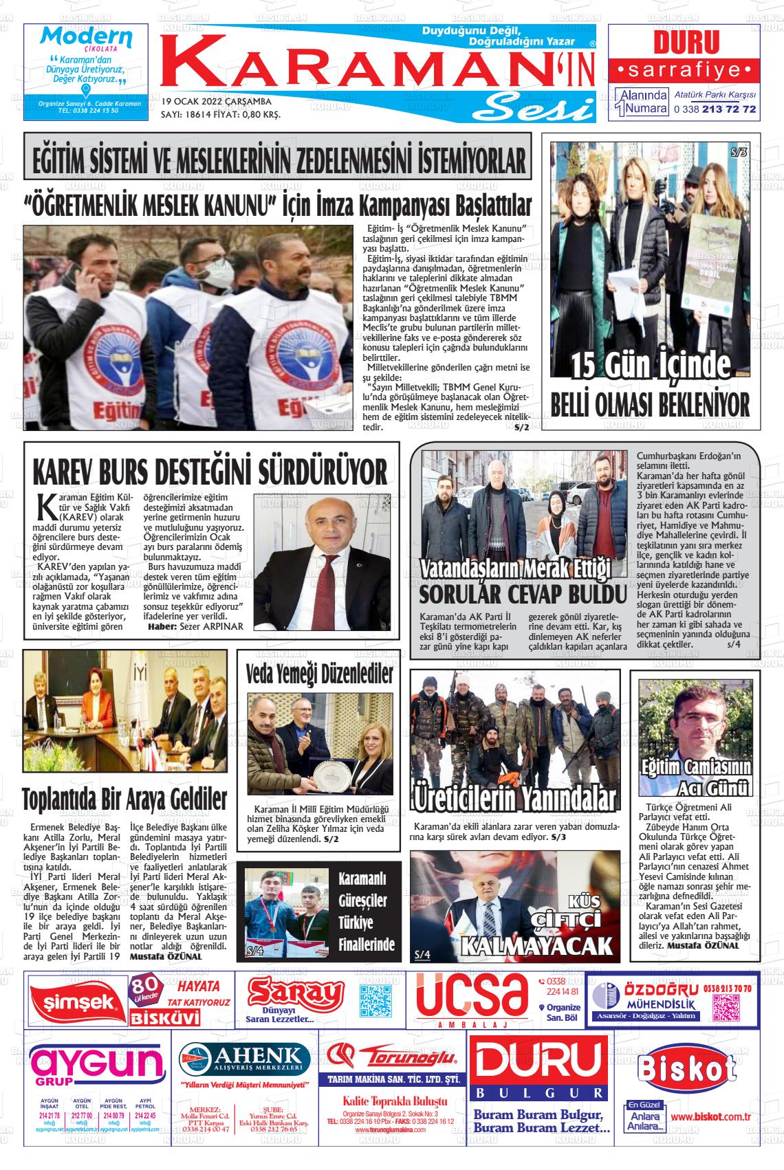 19 Ocak 2022 Karaman'ın Sesi Gazete Manşeti