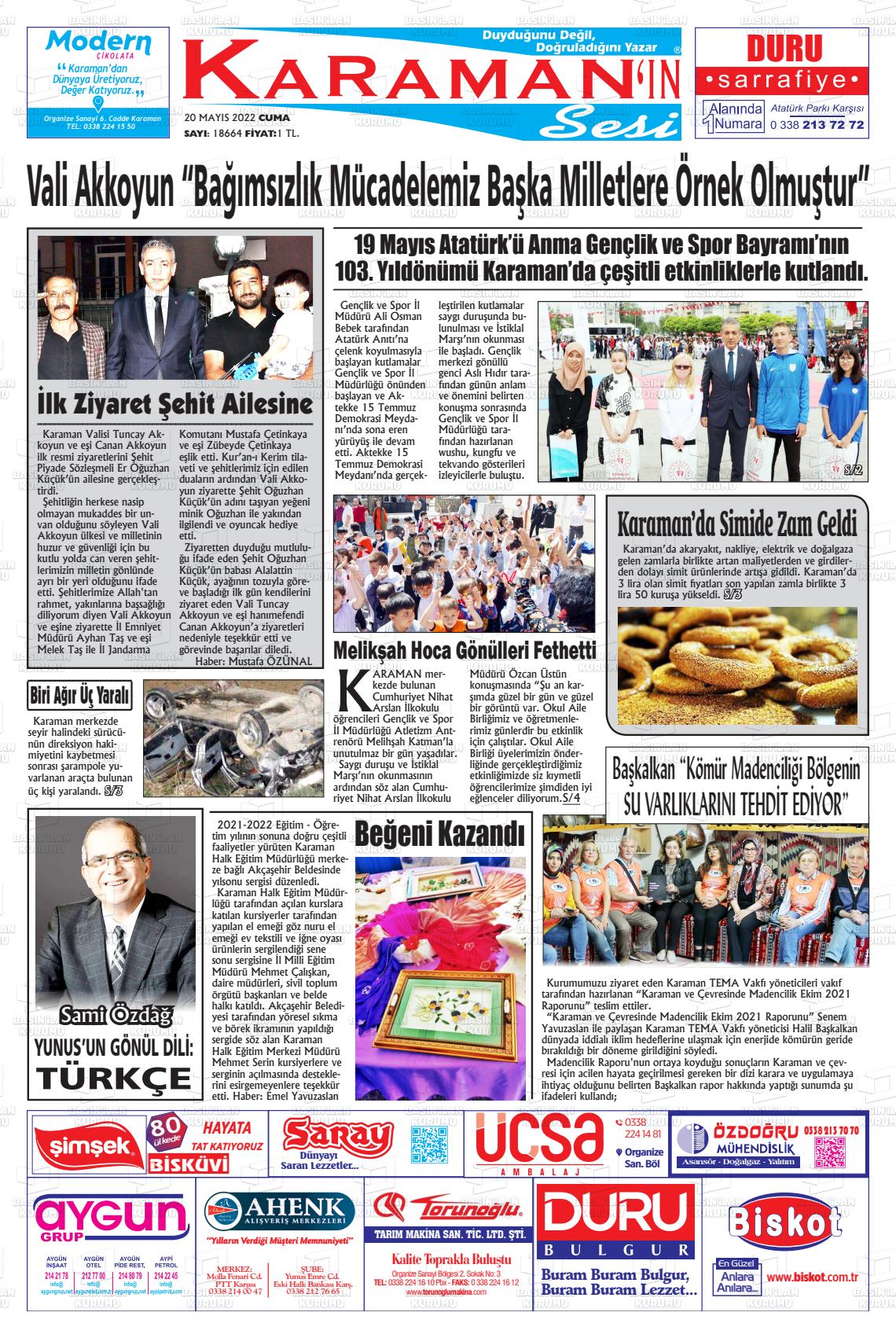 20 Mayıs 2022 Karaman'ın Sesi Gazete Manşeti
