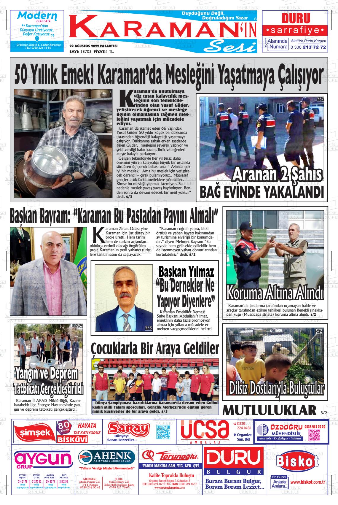 22 Ağustos 2022 Karaman'ın Sesi Gazete Manşeti