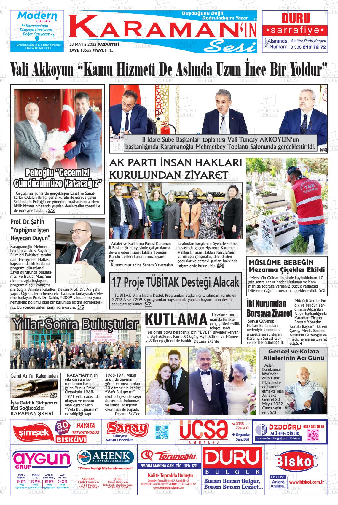 23 Mayıs 2022 Karaman'ın Sesi Gazete Manşeti