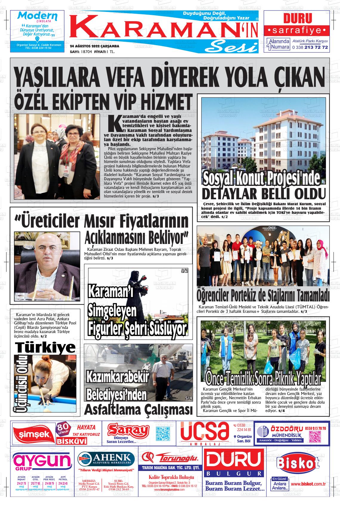 24 Ağustos 2022 Karaman'ın Sesi Gazete Manşeti