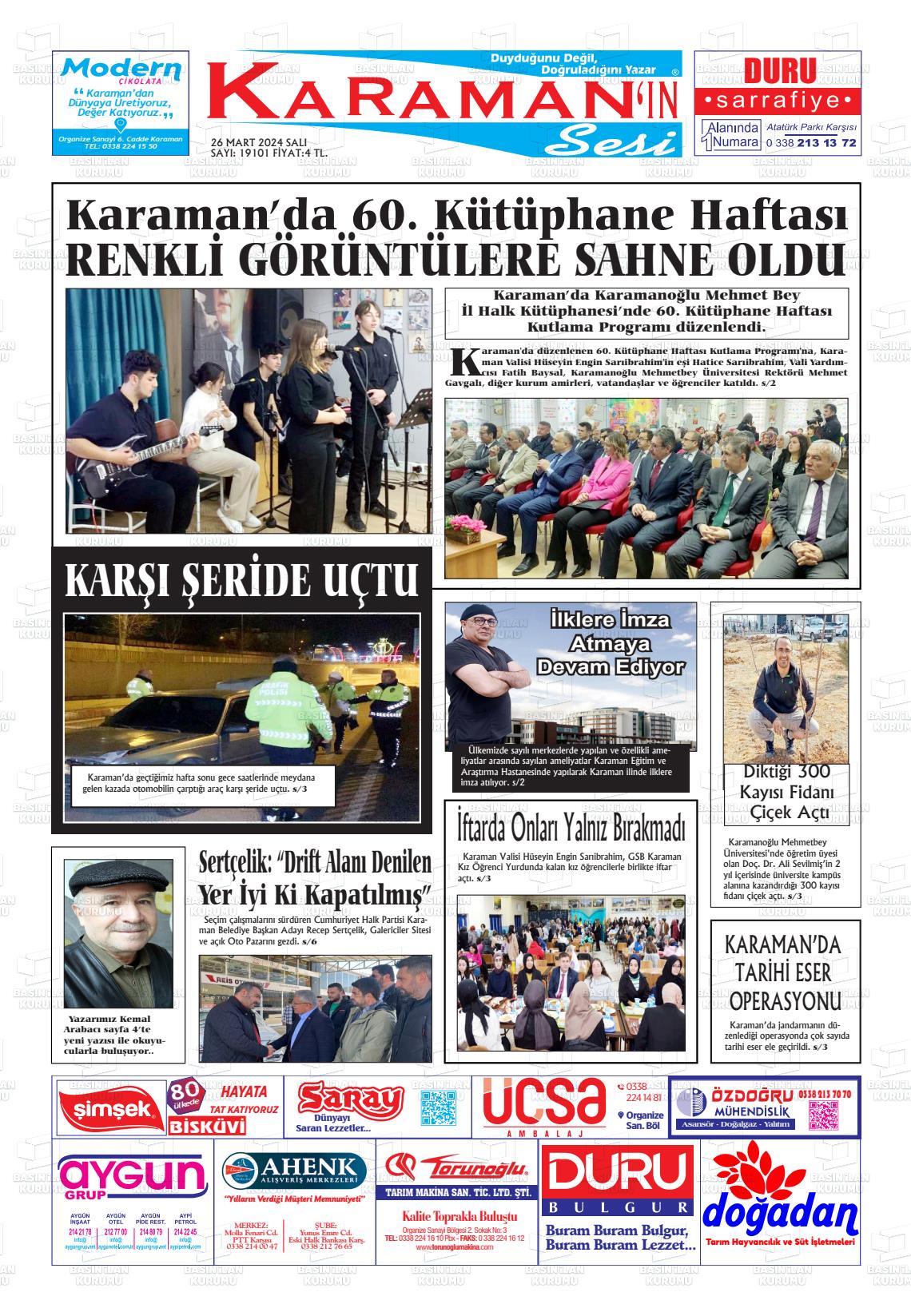 26 Mart 2024 Karaman'ın Sesi Gazete Manşeti