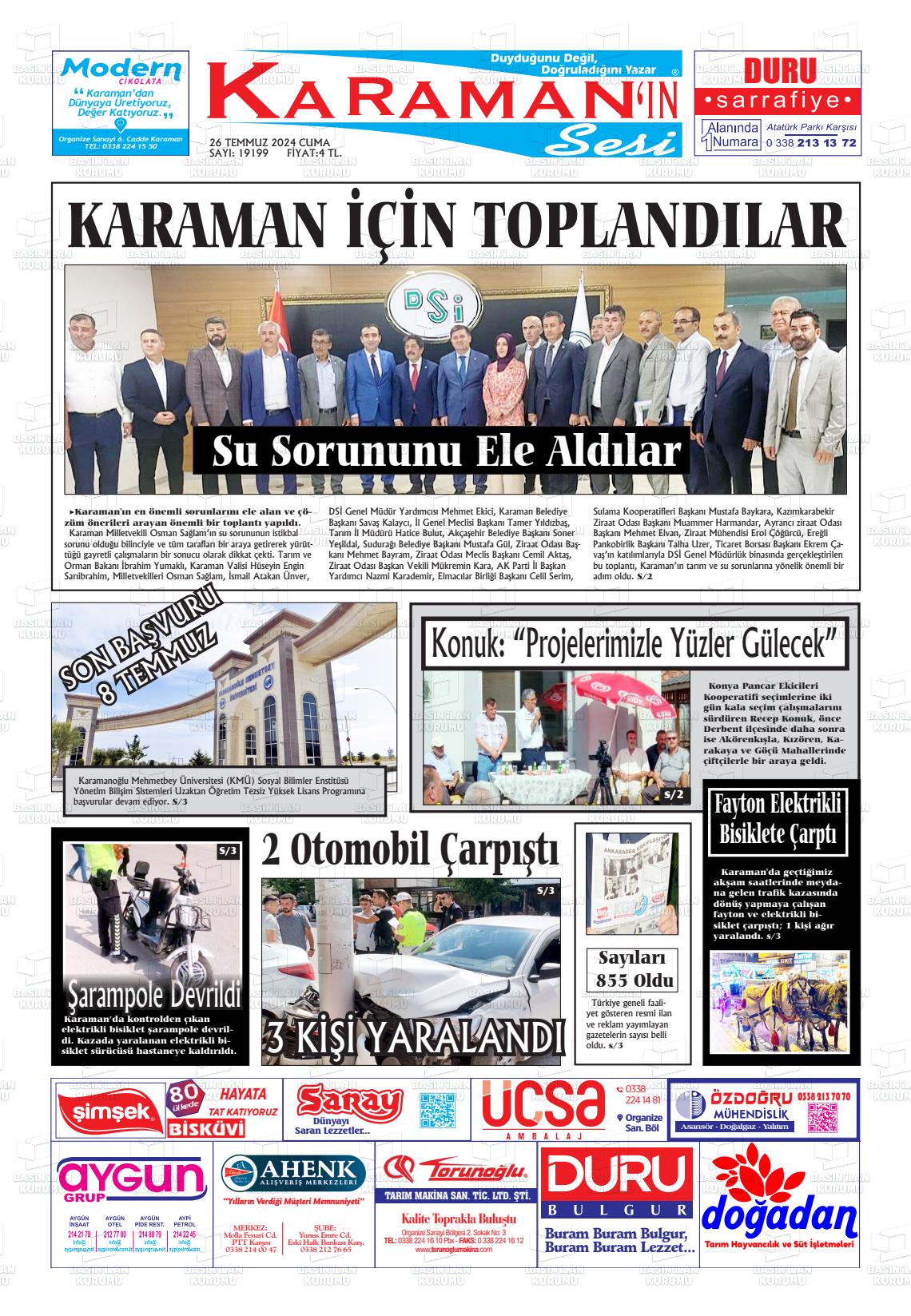 26 Temmuz 2024 Karaman'ın Sesi Gazete Manşeti