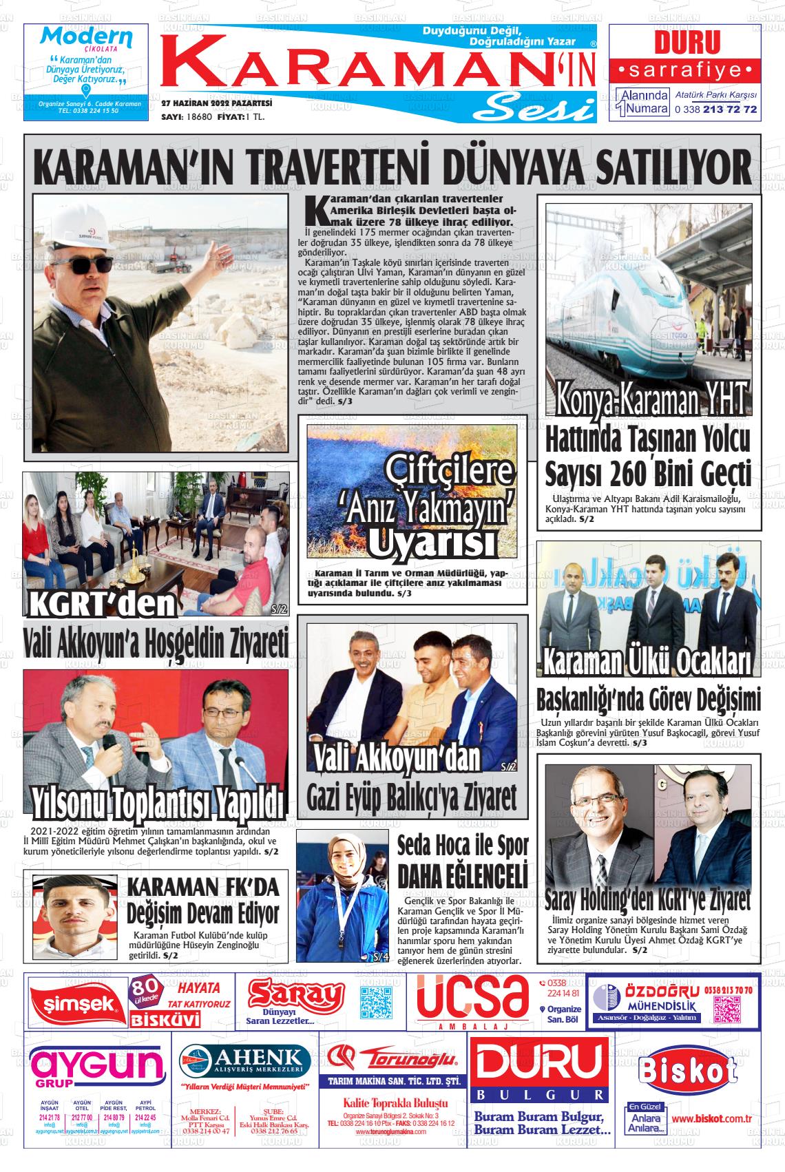 27 Haziran 2022 Karaman'ın Sesi Gazete Manşeti