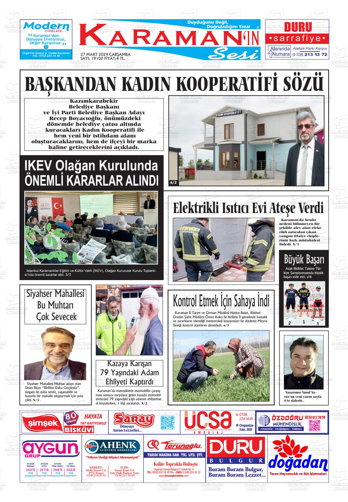 27 Mart 2024 Karaman'ın Sesi Gazete Manşeti
