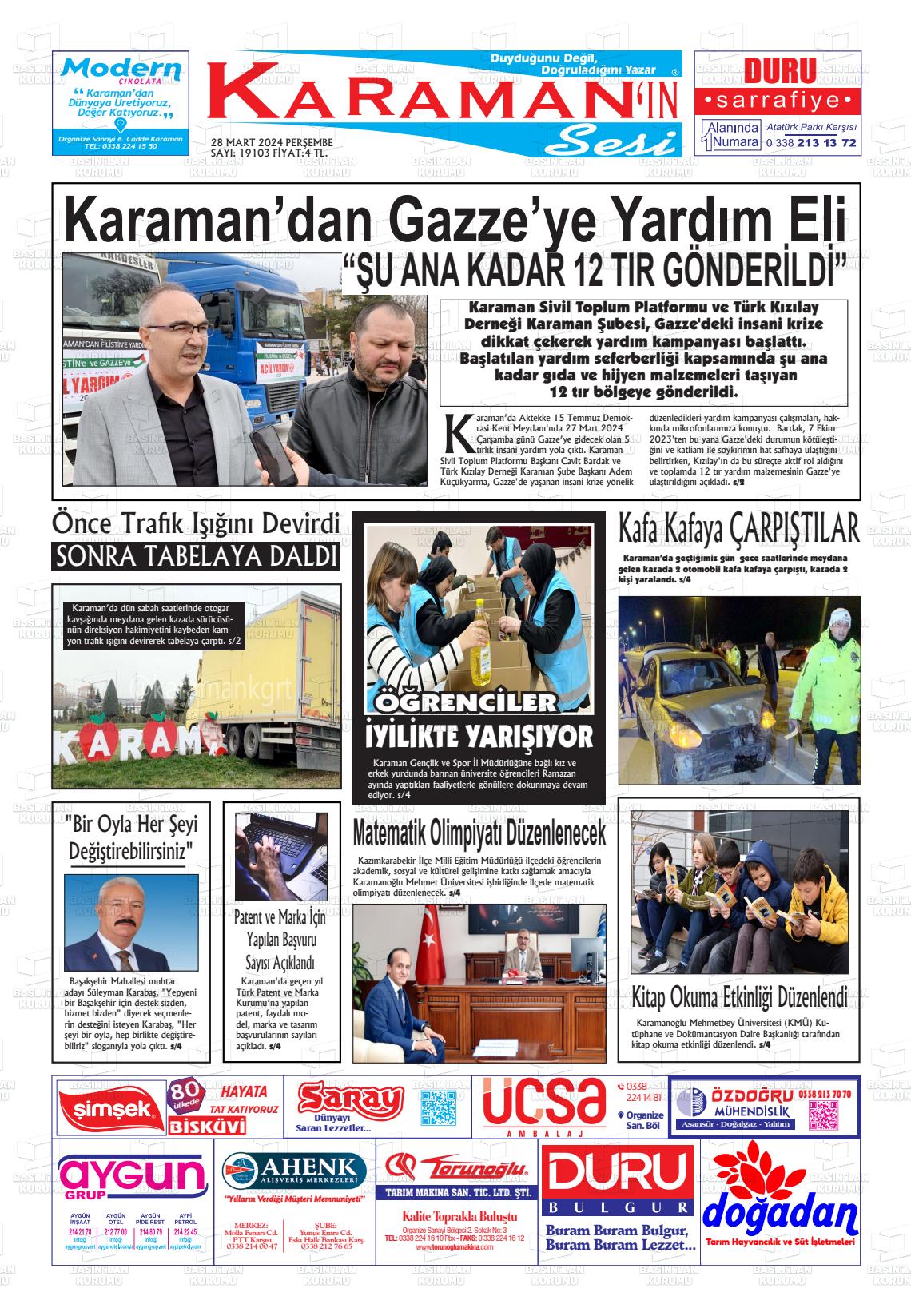28 Mart 2024 Karaman'ın Sesi Gazete Manşeti