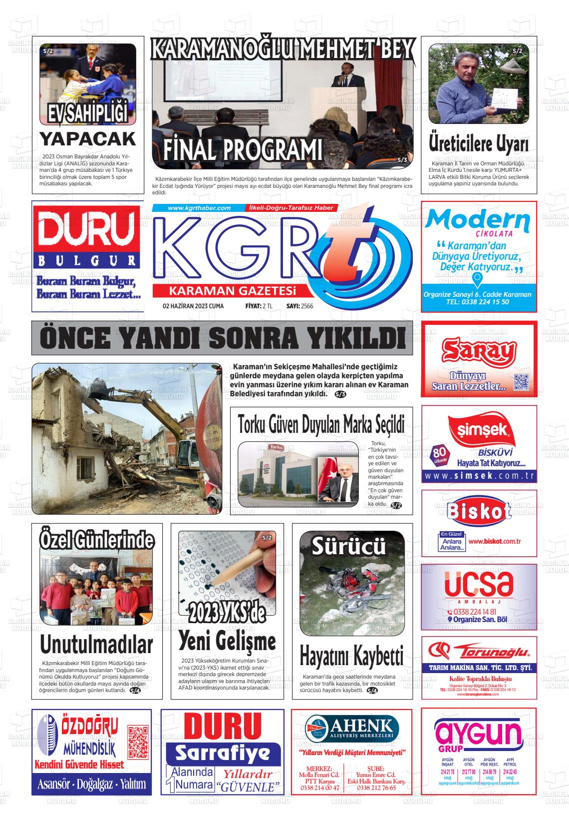 02 Haziran 2023 Kgrt Karaman Gazete Manşeti