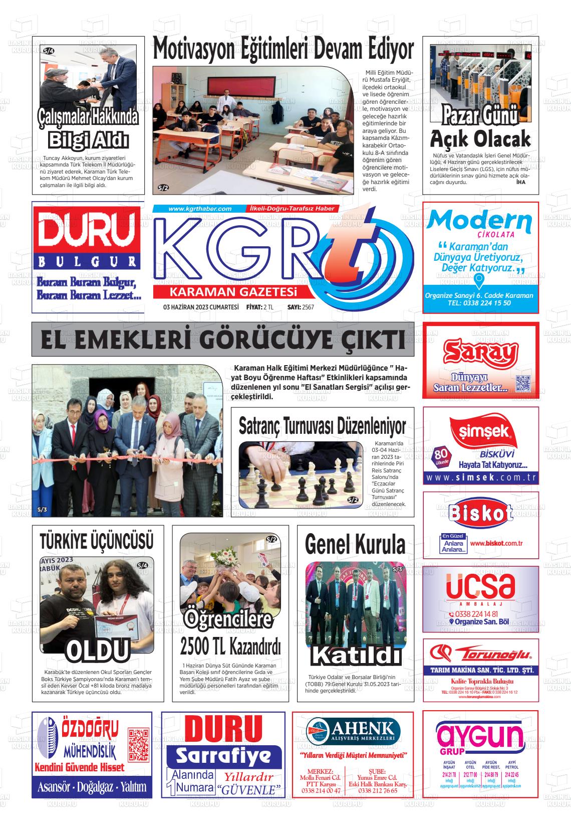 03 Haziran 2023 Kgrt Karaman Gazete Manşeti