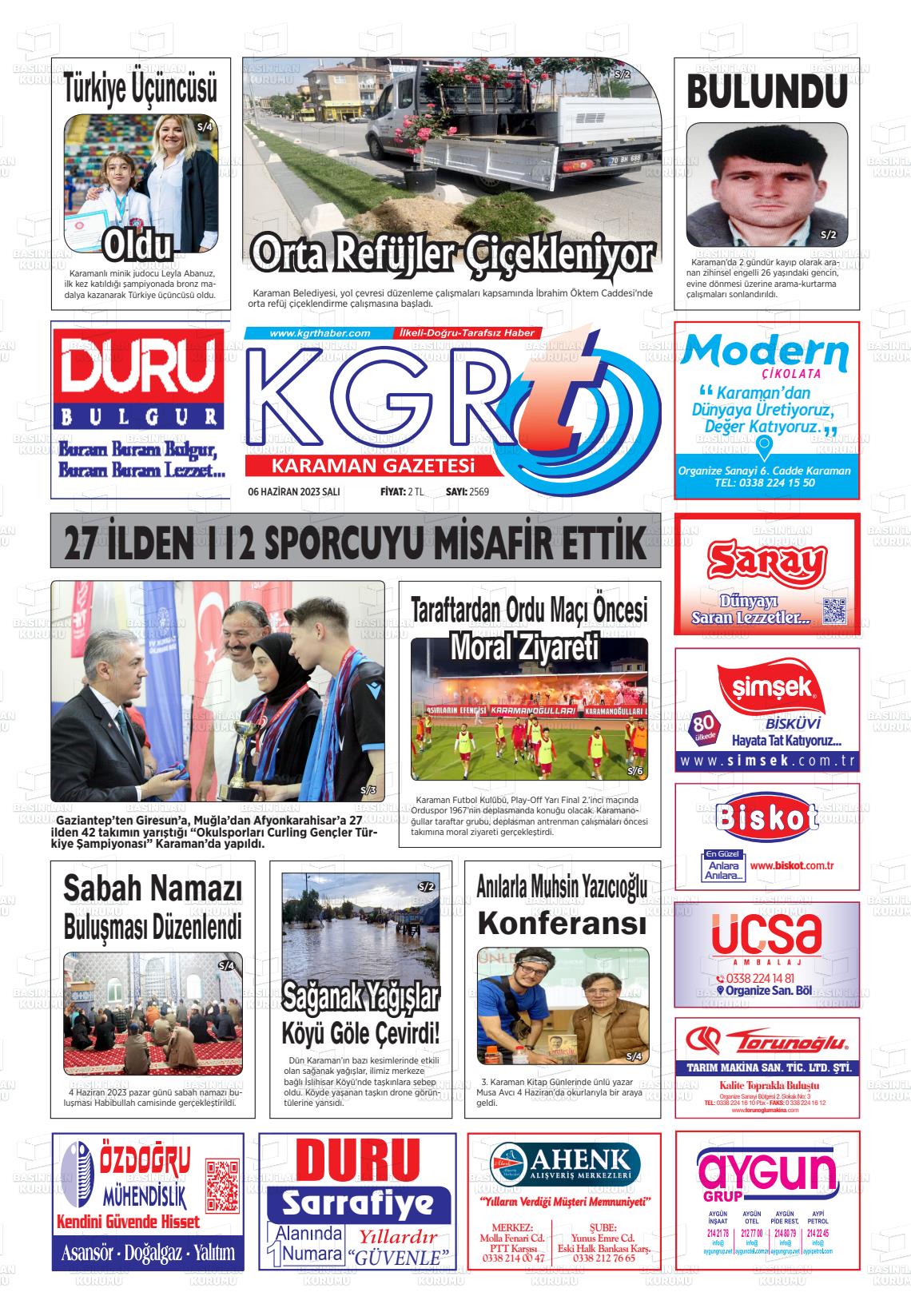 06 Haziran 2023 Kgrt Karaman Gazete Manşeti